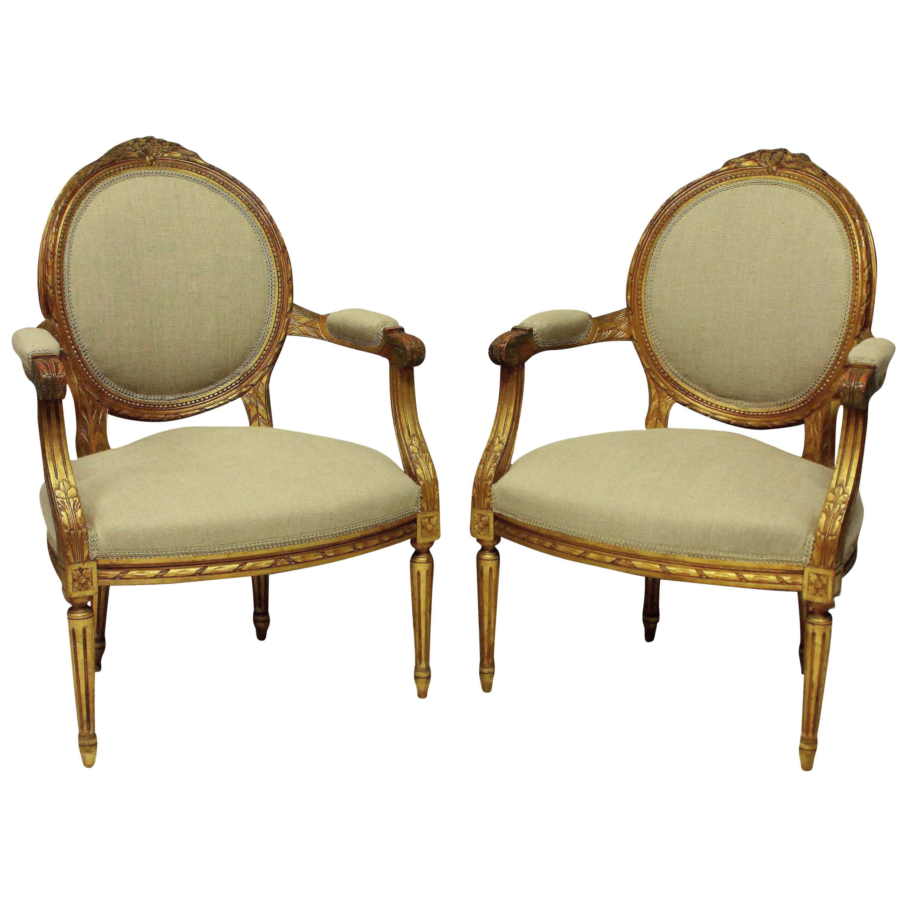 Pair of Louis XVI Style Giltwood Armchairs