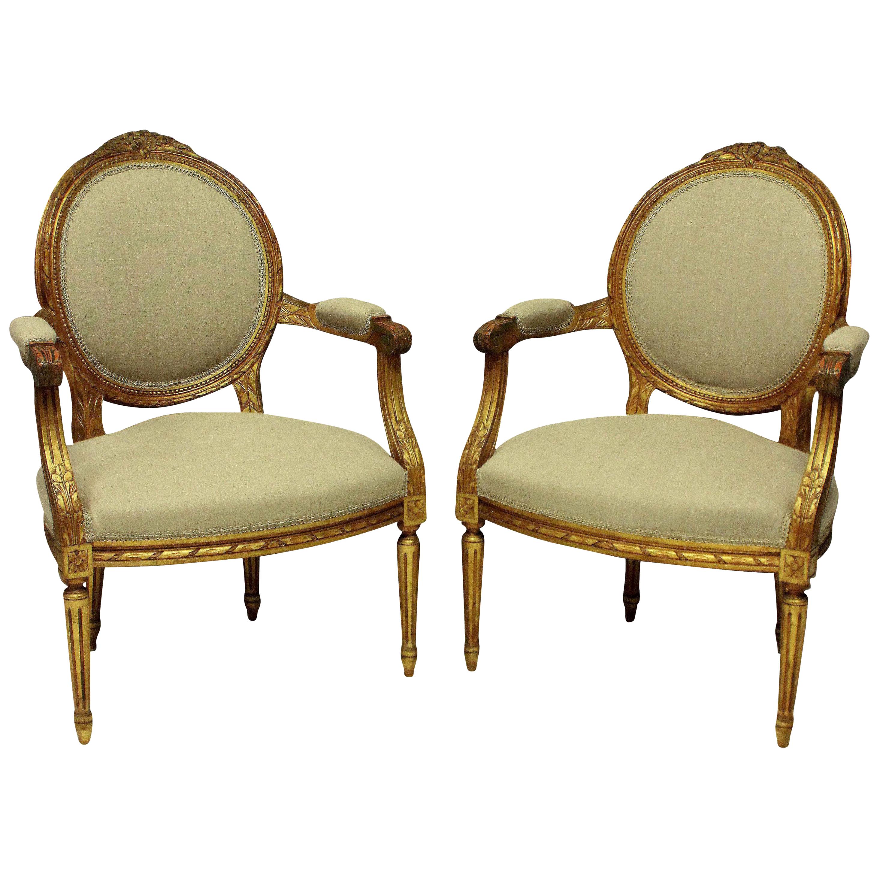 Pair of Louis XVI Style Giltwood Armchairs