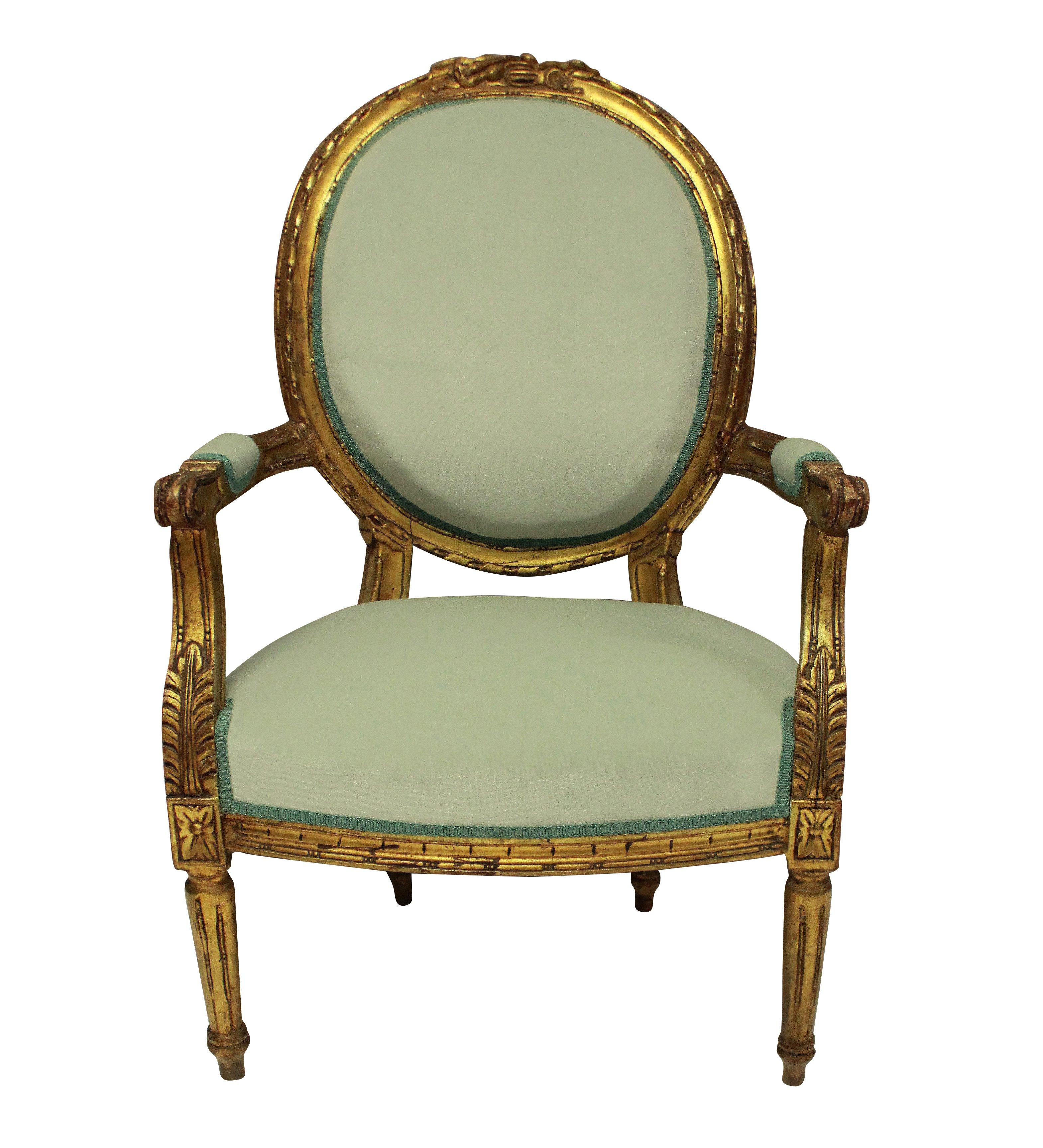 A pair of 19th century Louis XVI style giltwood armchairs, newly upholstered in duck egg velvet.