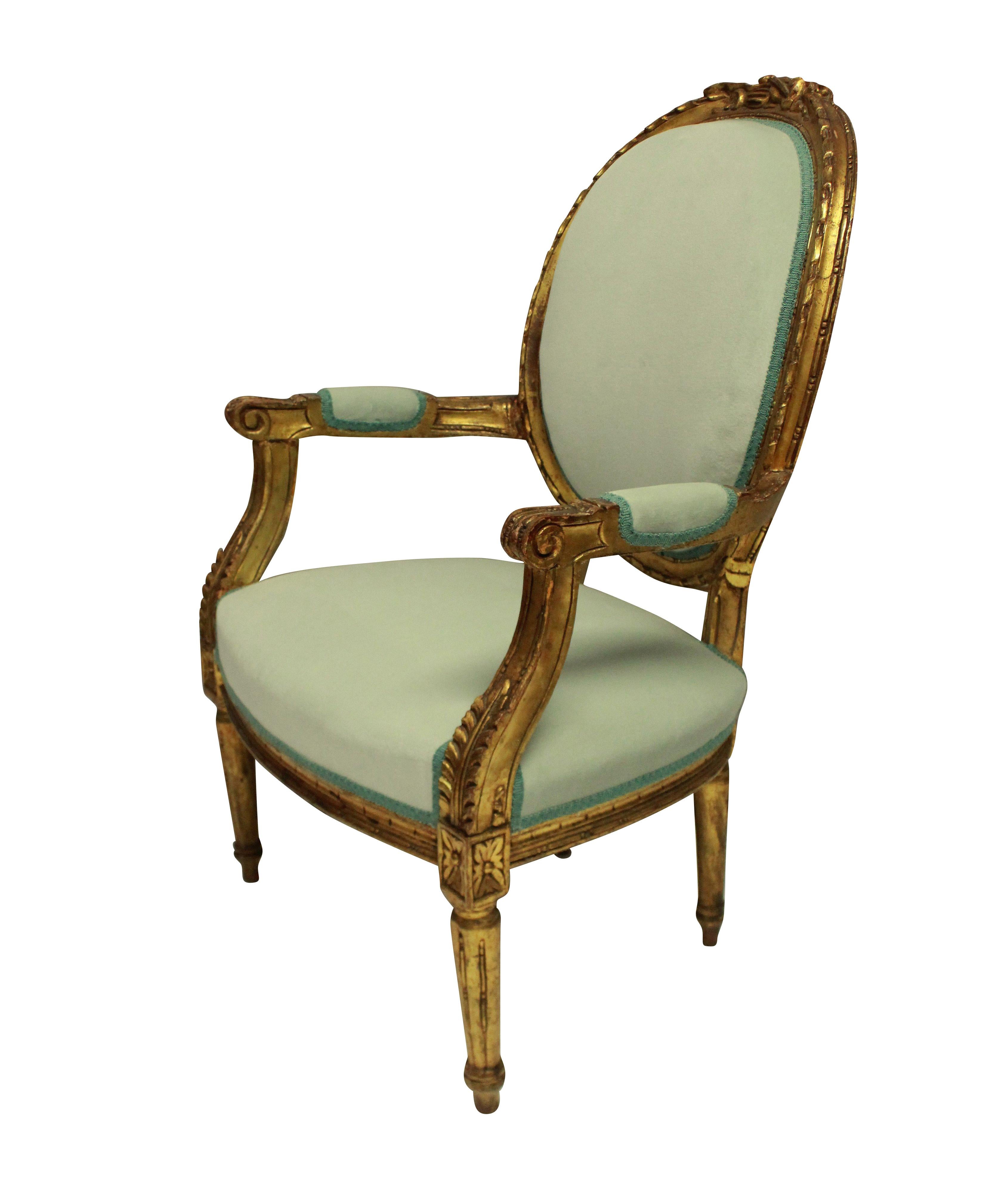 French Pair of Louis XVI Style Giltwood Armchairs in Duck Egg Velvet