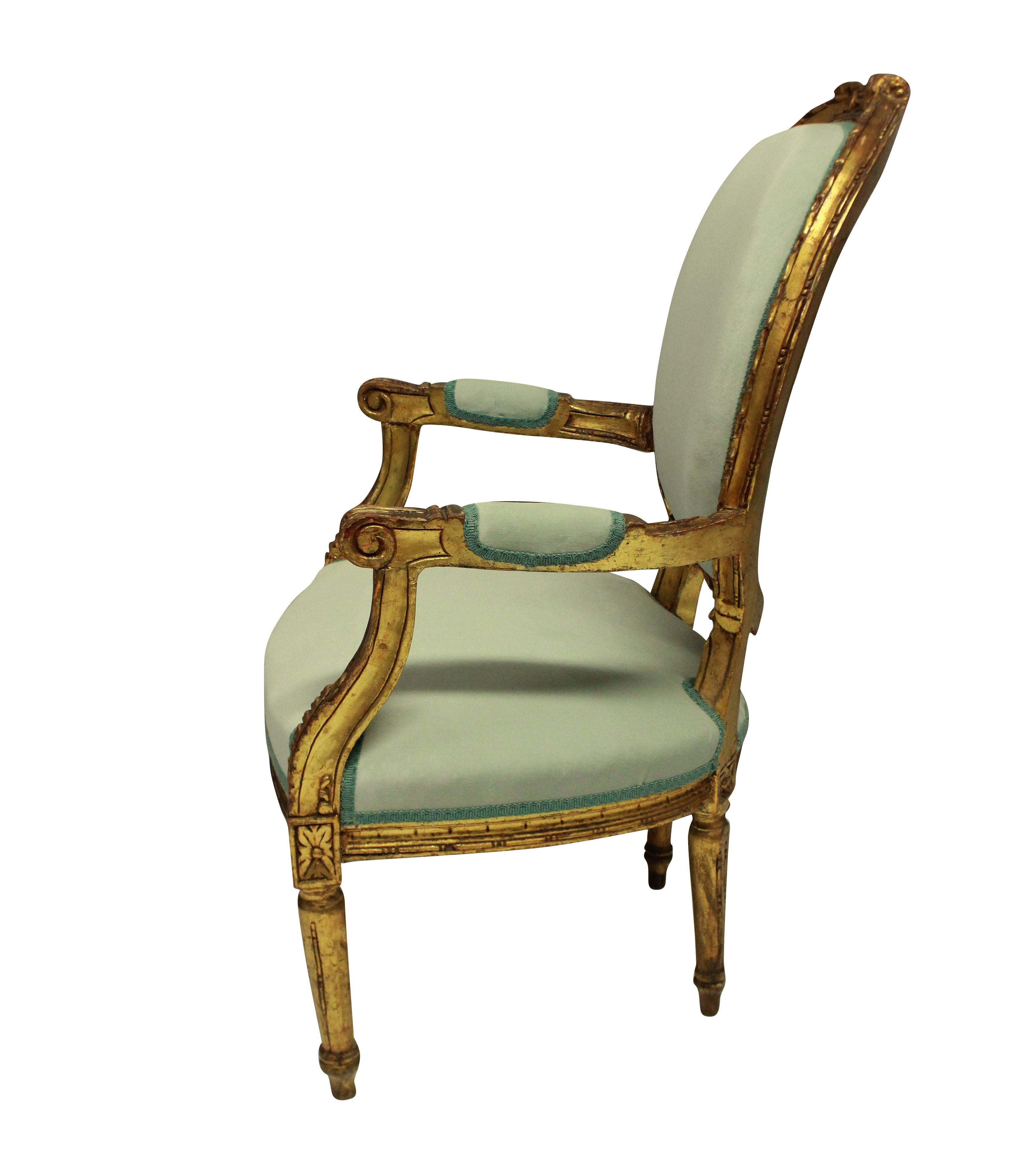 Pair of Louis XVI Style Giltwood Armchairs in Duck Egg Velvet In Good Condition In London, GB