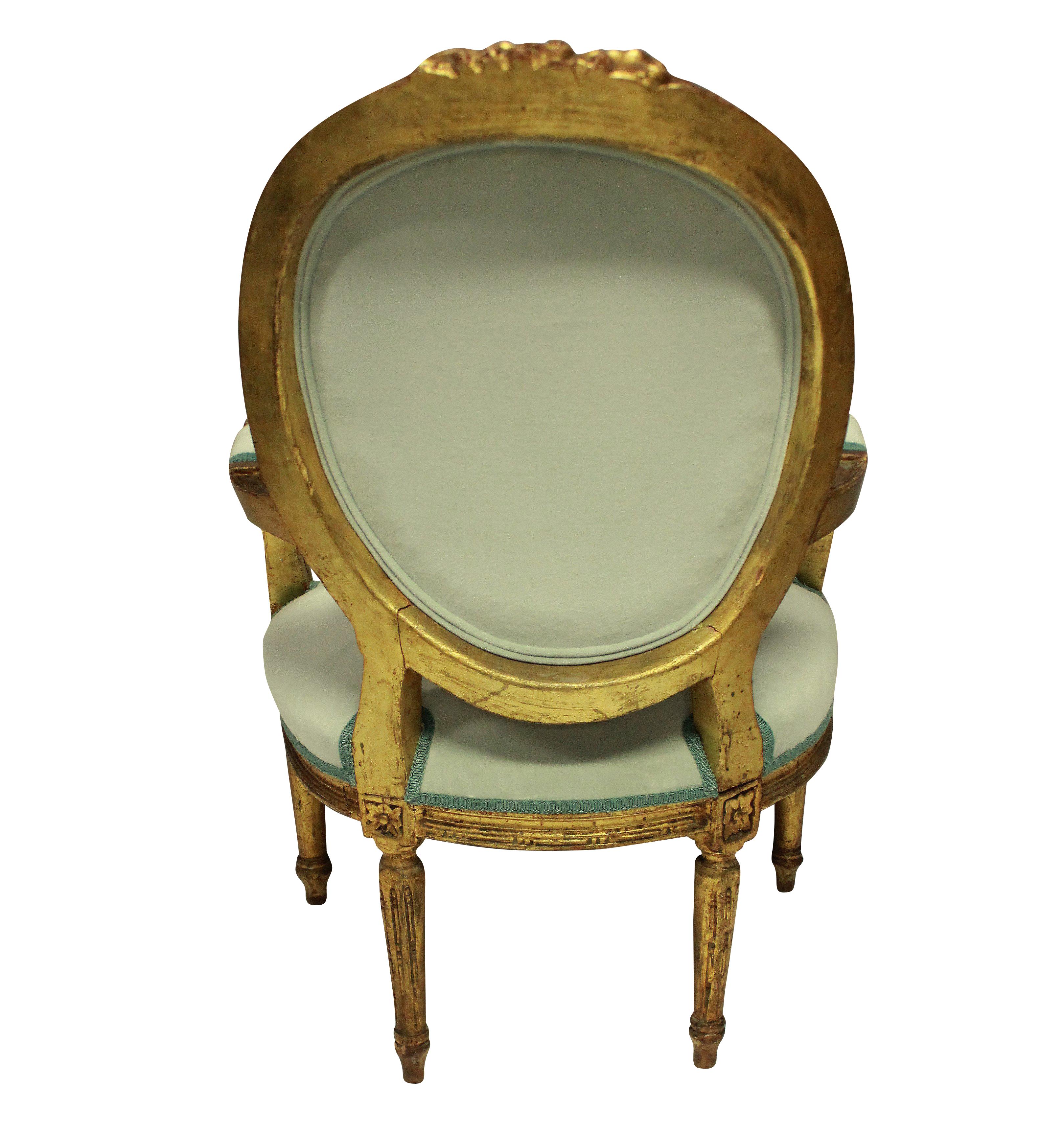 Late 19th Century Pair of Louis XVI Style Giltwood Armchairs in Duck Egg Velvet