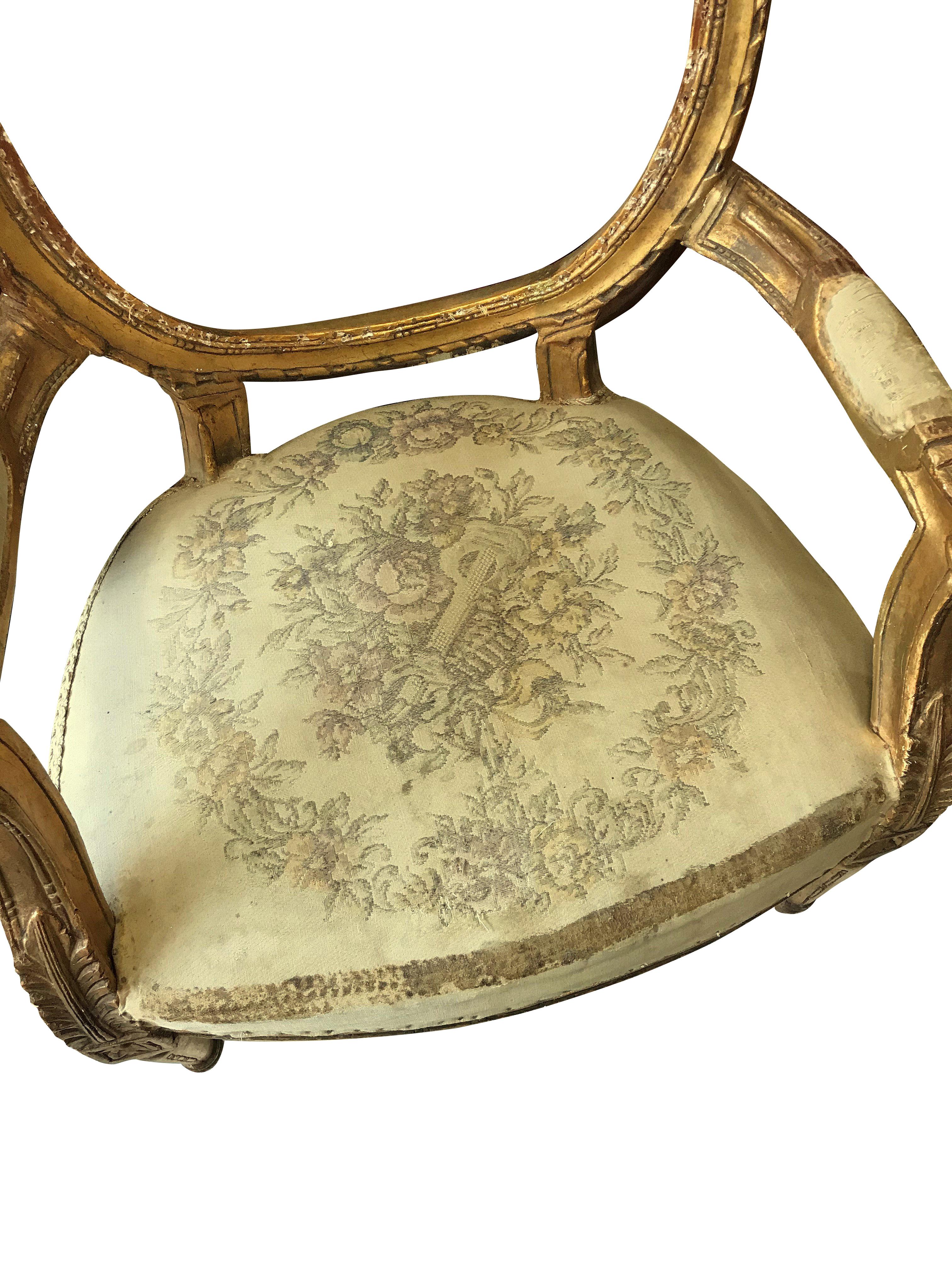 Pair of Louis XVI Style Giltwood Armchairs in Duck Egg Velvet 1