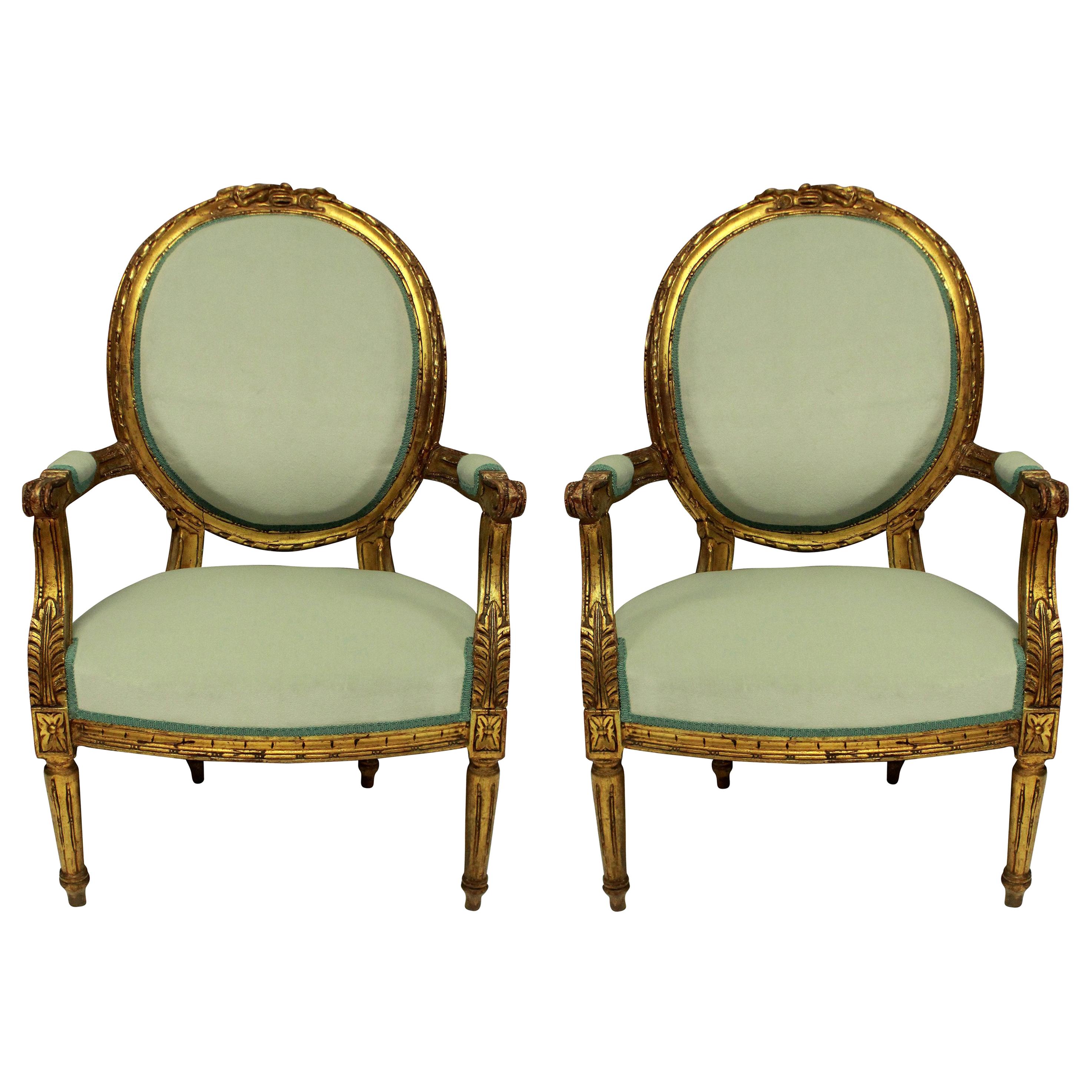 Pair of Louis XVI Style Giltwood Armchairs in Duck Egg Velvet