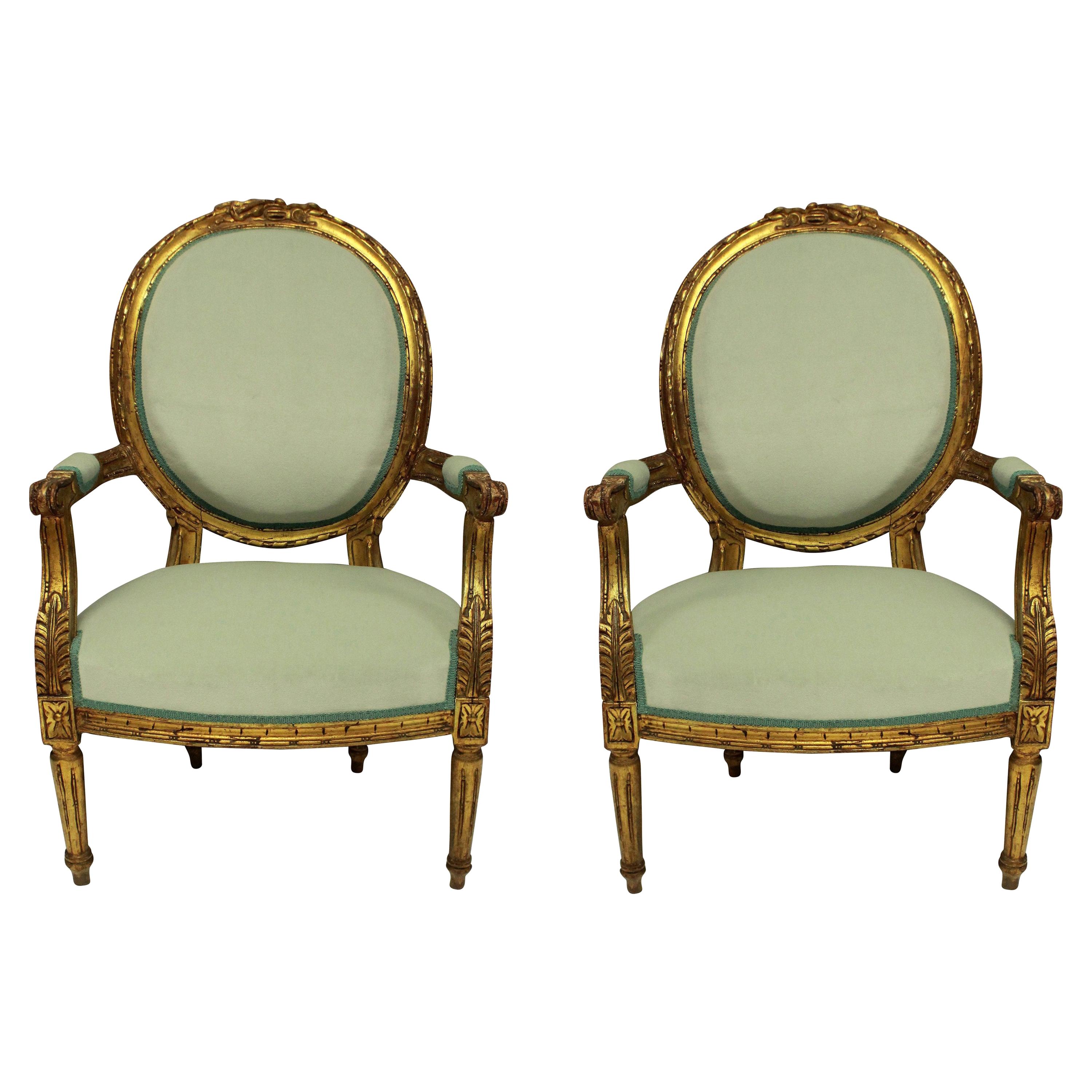 Pair of Louis XVI Style Giltwood Armchairs in Duck Egg Velvet