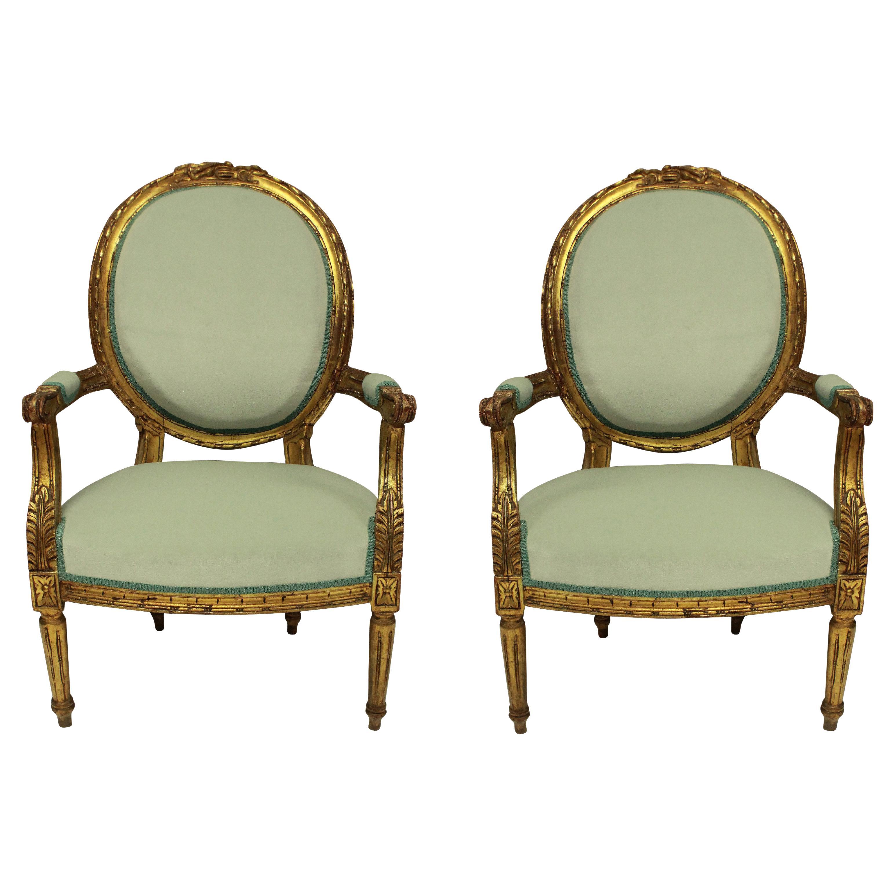 Pair of Louis XVI Style Giltwood Armchairs in Duck Egg Velvet