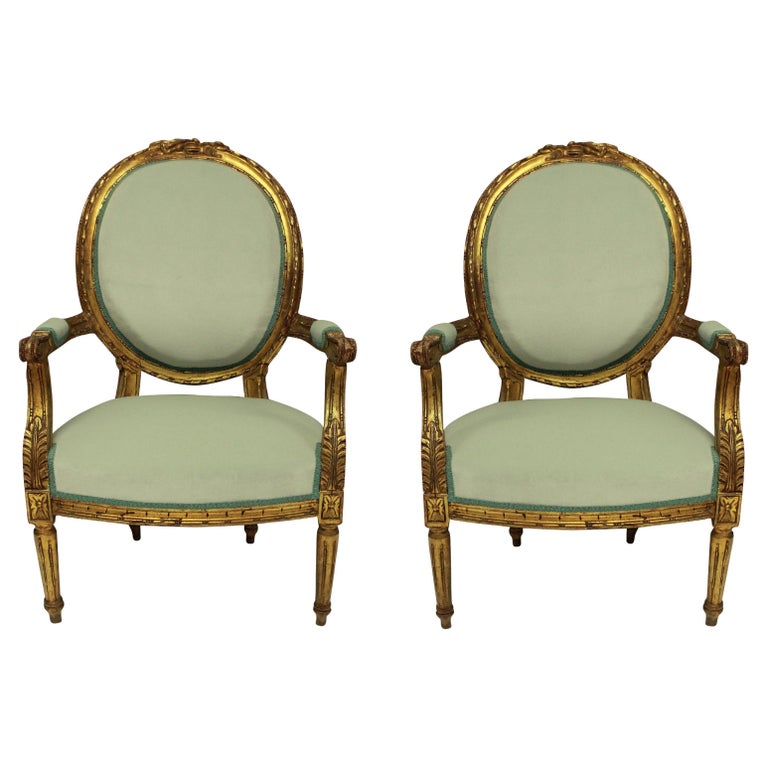 Pair of Louis XVI Style Giltwood Armchairs in Duck Egg Velvet For Sale ...