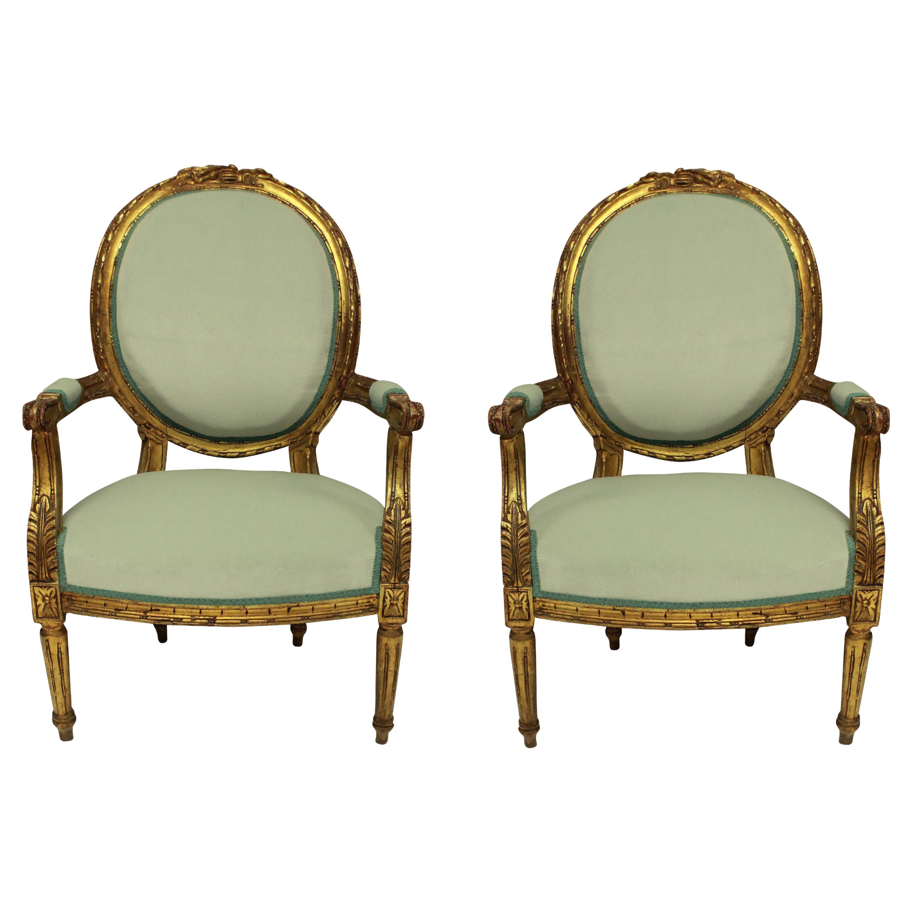 Pair of Louis XVI Style Giltwood Armchairs For Sale at 1stDibs