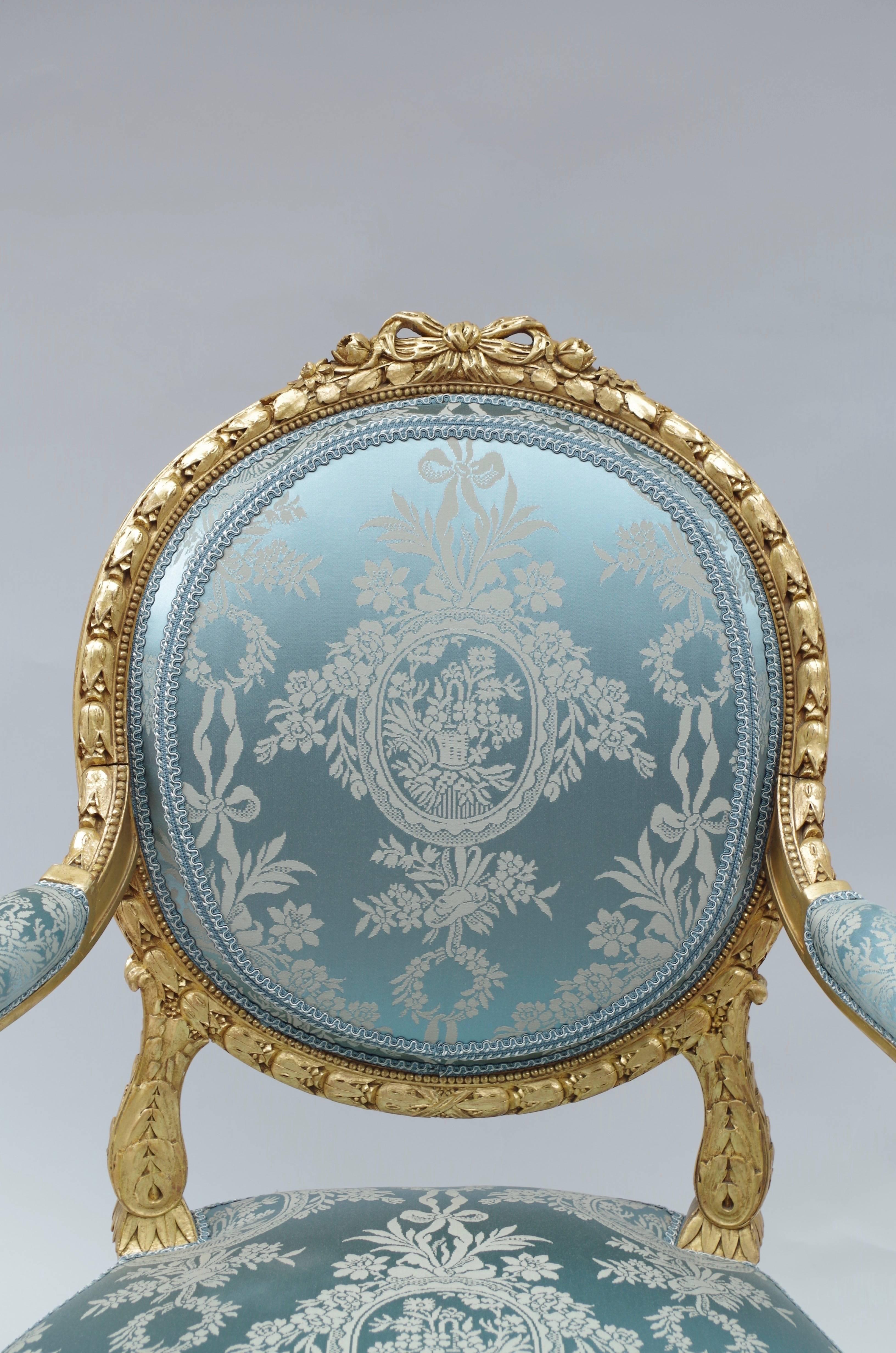 Pair of Louis XVI Style Giltwood Armchairs, Medallion Shape Backrest, circa 1880 4