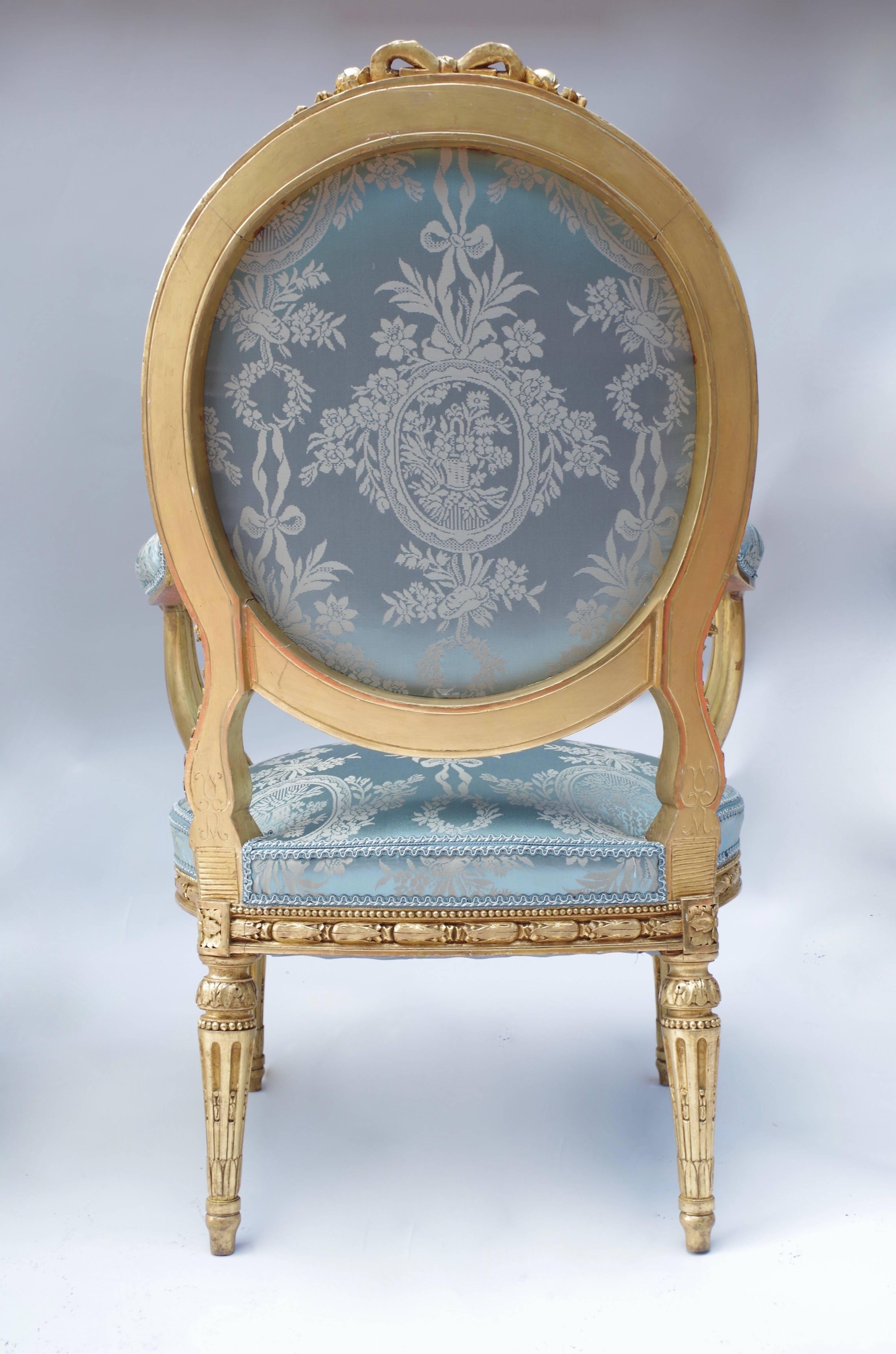 Pair of Louis XVI Style Giltwood Armchairs, Medallion Shape Backrest, circa 1880 5