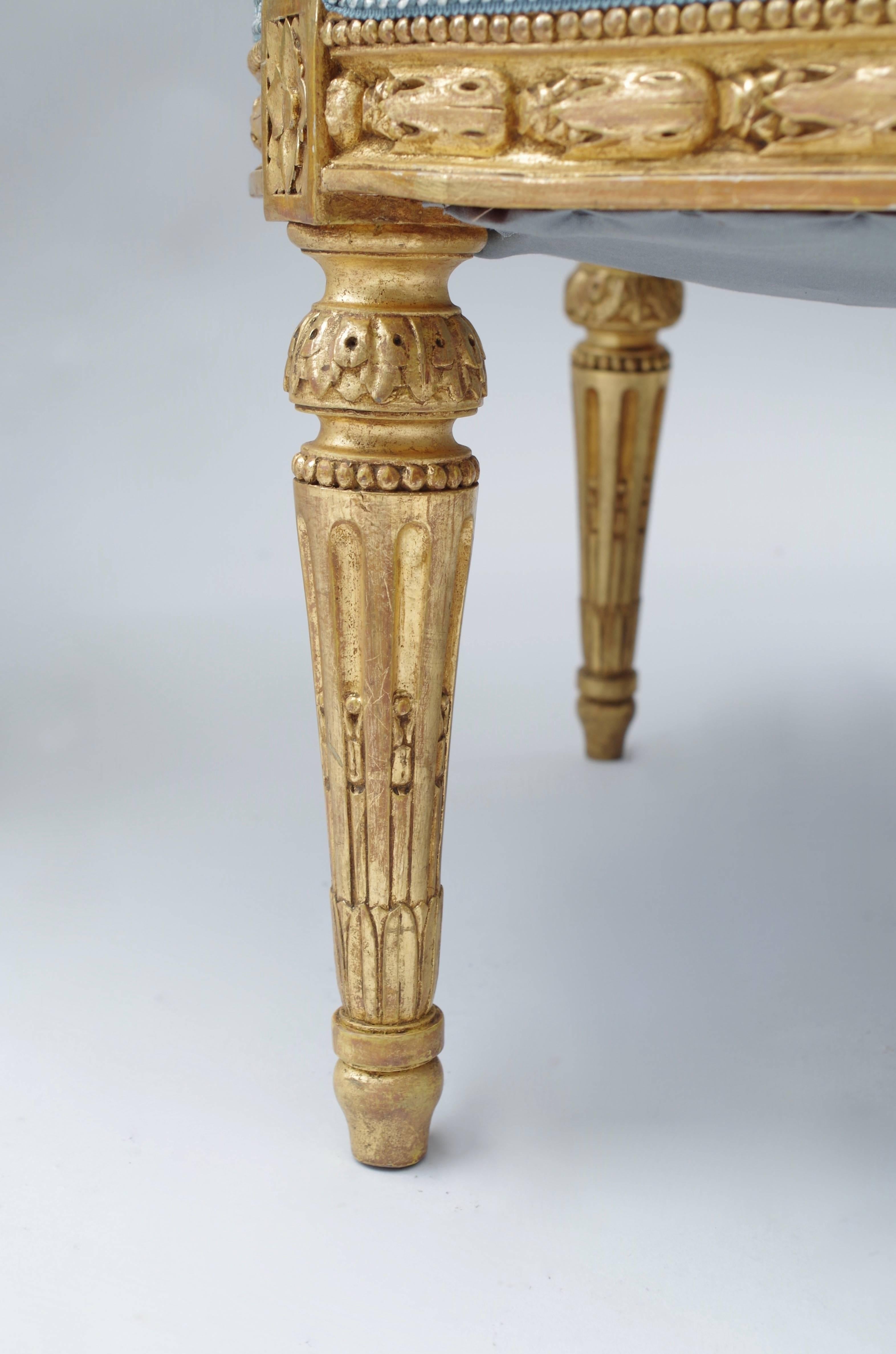 Hand-Carved Pair of Louis XVI Style Giltwood Armchairs, Medallion Shape Backrest, circa 1880