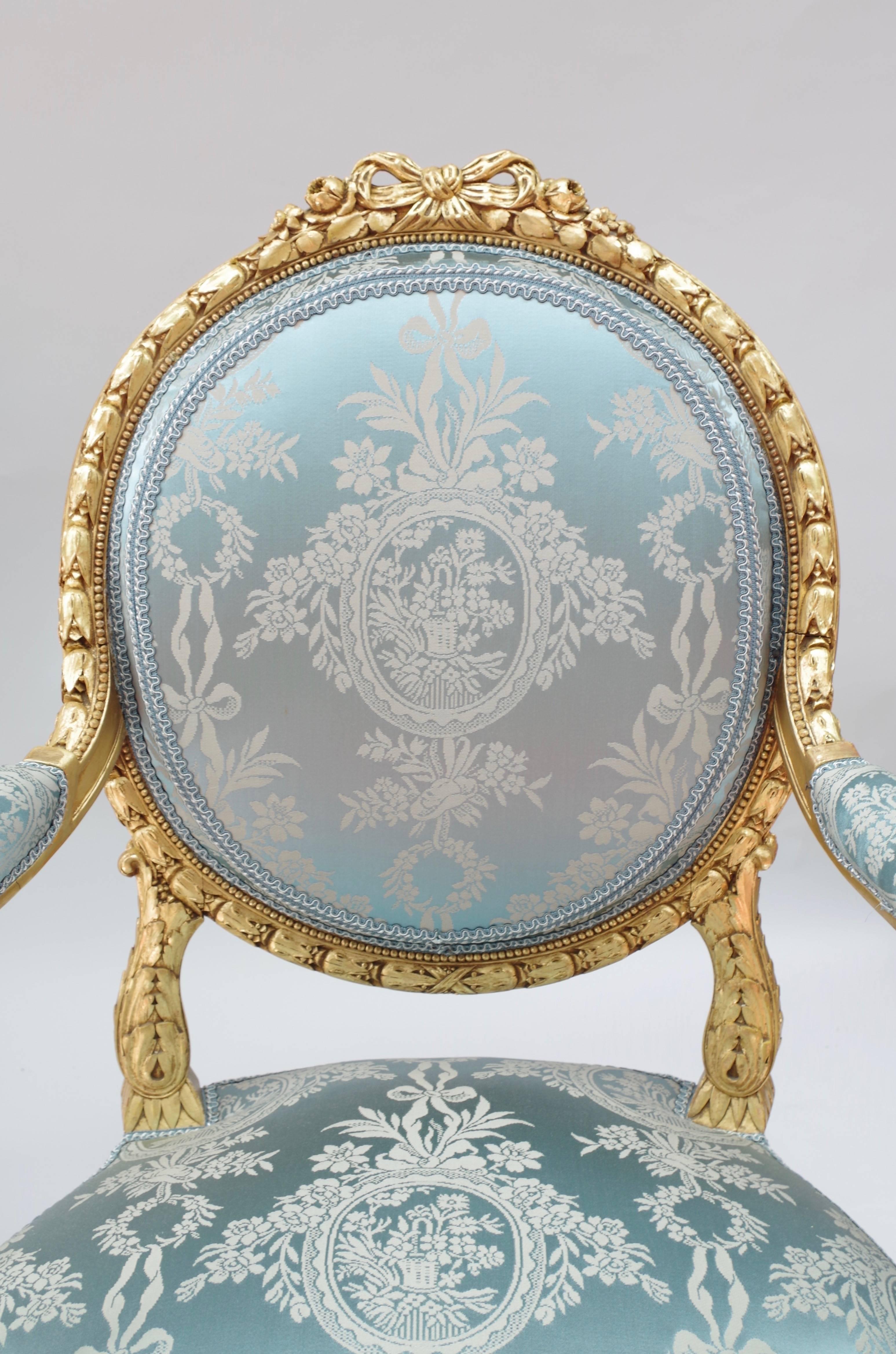 Pair of Louis XVI Style Giltwood Armchairs, Medallion Shape Backrest, circa 1880 2