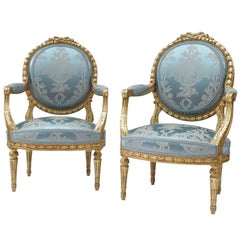 Pair of Louis XVI Style Giltwood Armchairs, Medallion Shape Backrest, circa 1880