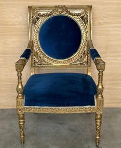 Pair of Louis XVI Style Giltwood Armchairs with Blue Klein Velvet