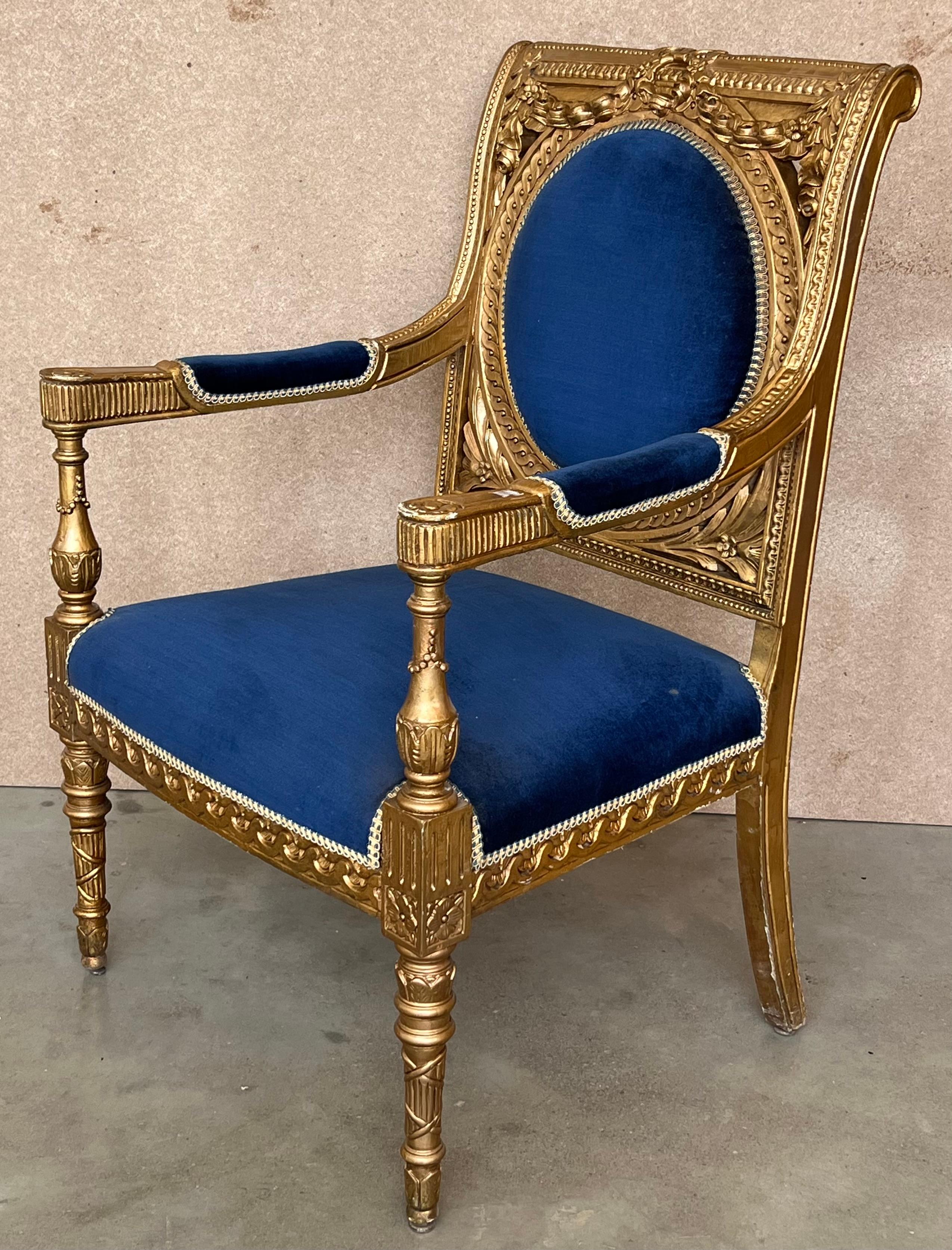 French Pair of Louis XVI Style Giltwood Armchairs with Blue Klein Velvet