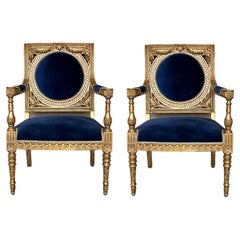 Pair of Louis XVI Style Giltwood Armchairs with Blue Klein Velvet