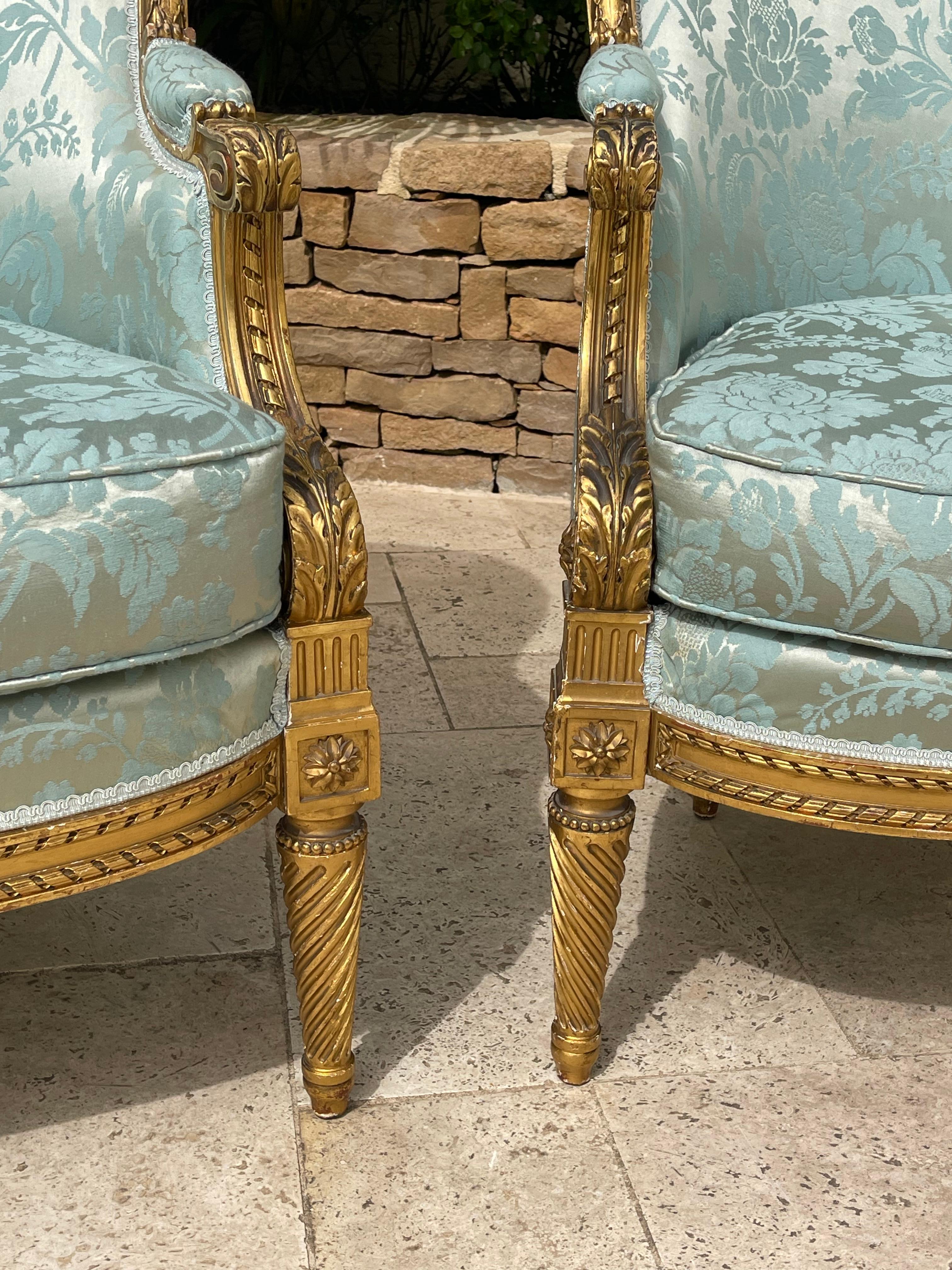 19th Century Pair of Louis XVI Style Giltwood Bergeres  For Sale