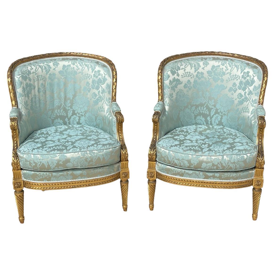 Pair of Louis XVI Style Giltwood Bergeres  For Sale