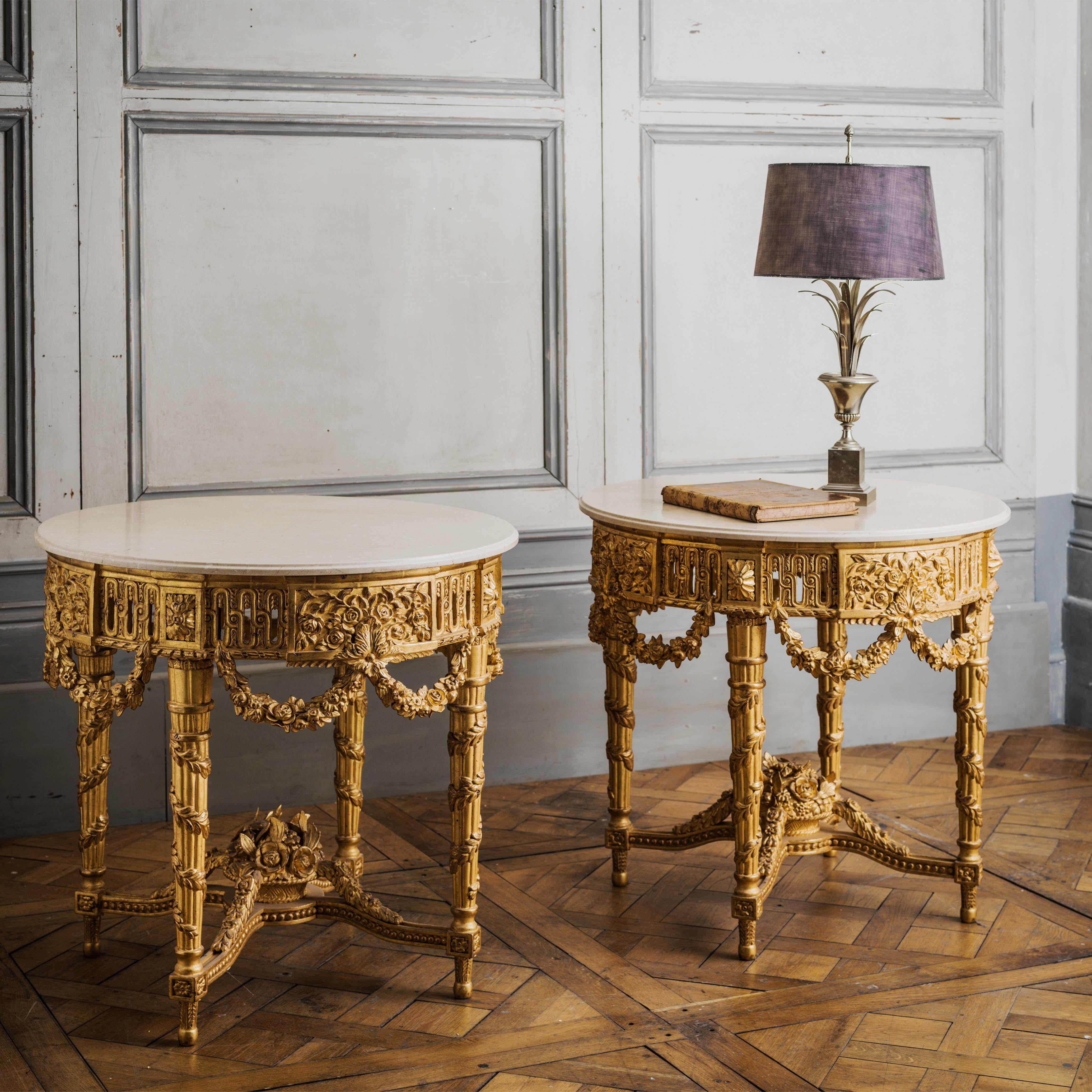 Hand-Carved Louis XVI Style Giltwood Console Tables by La Maison, London For Sale