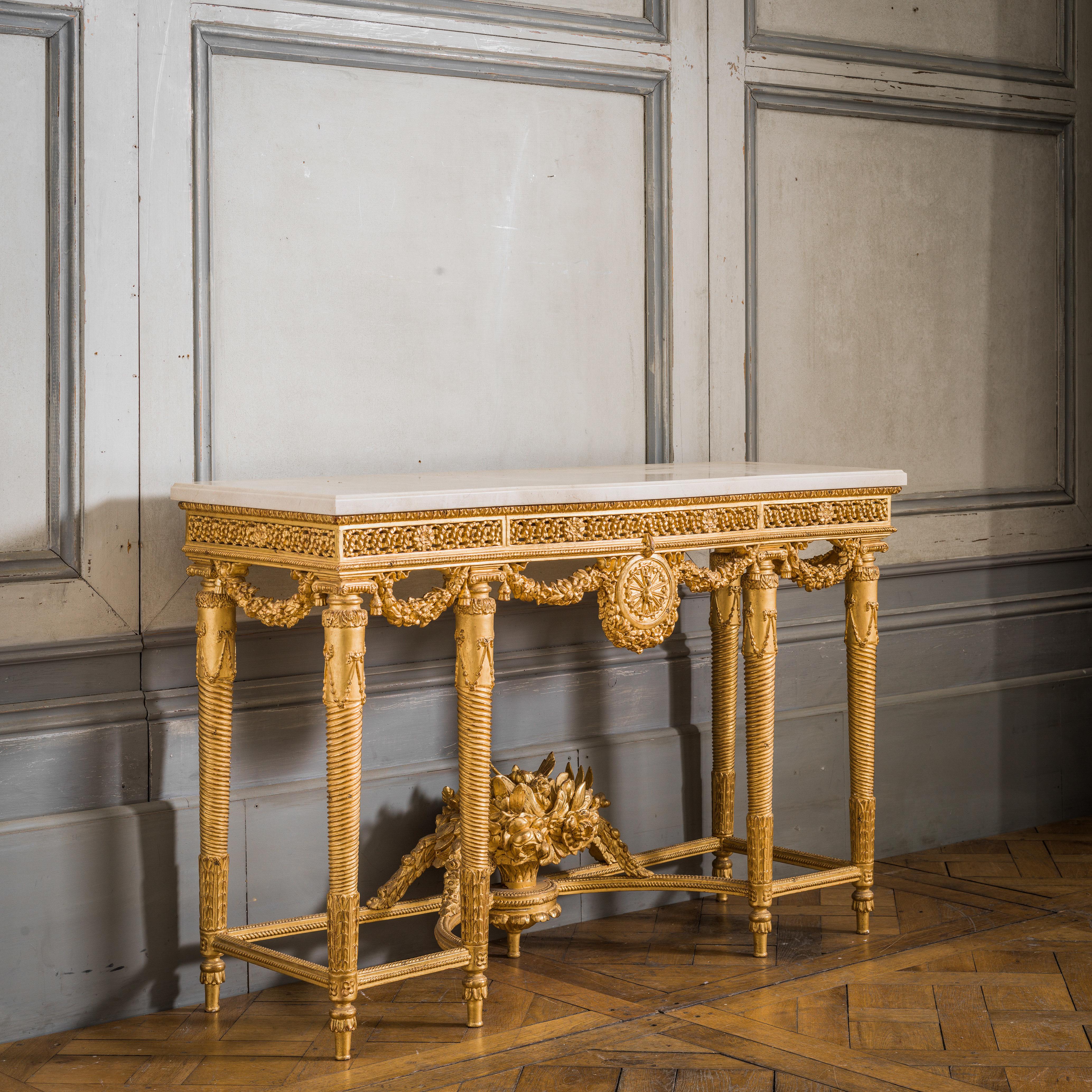 Pair of Louis XVI Style Giltwood Consoles In Excellent Condition For Sale In London, Park Royal
