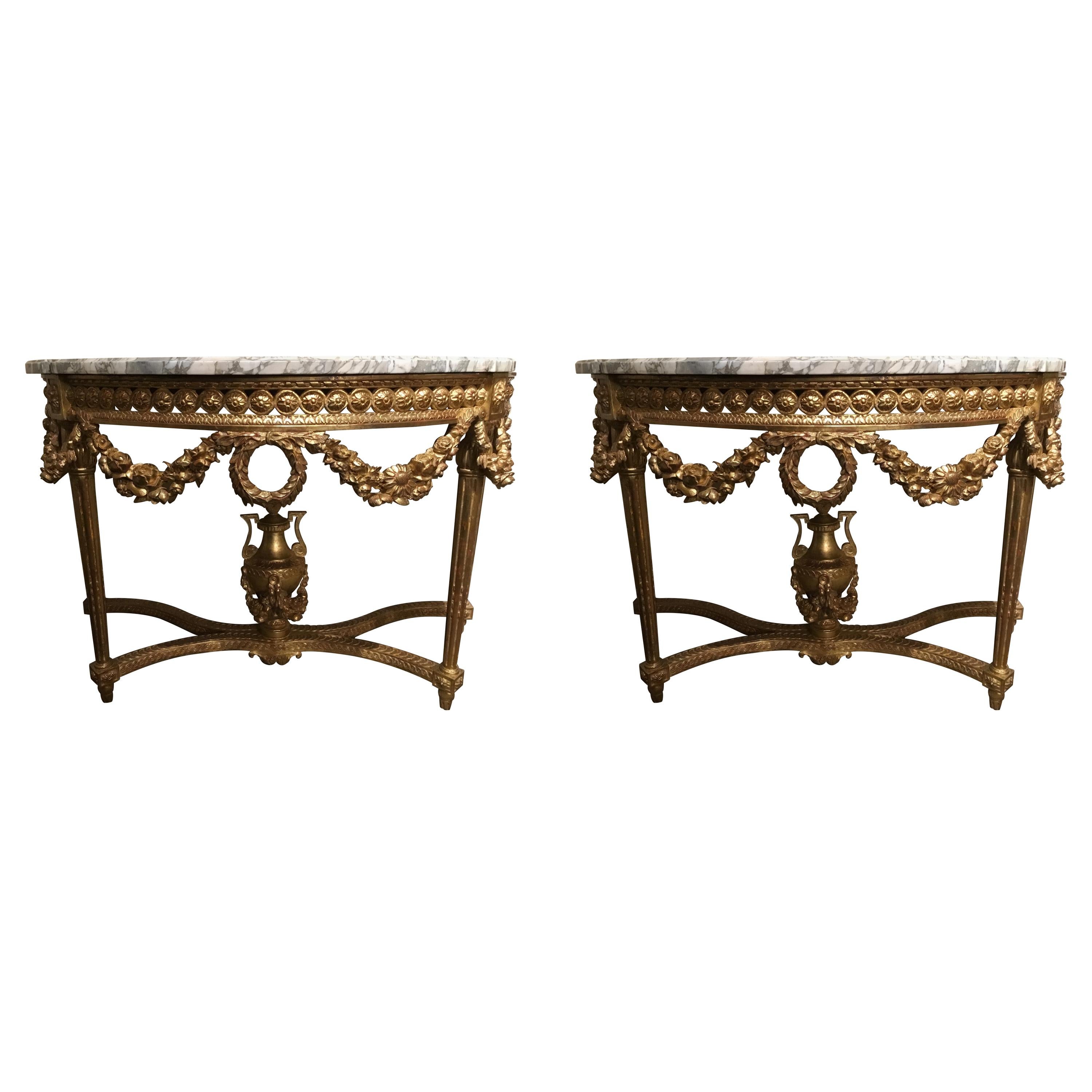 Pair of Louis XVI Style Giltwood Consoles with White and Gray Marble Tops For Sale