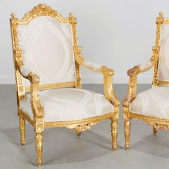 Pair of Louis XVI Style Giltwood Fauteuils à la Reine, Embroidered Upholstery