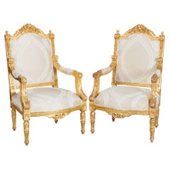Pair of Louis XVI Style Giltwood Fauteuils à la Reine, Embroidered Upholstery