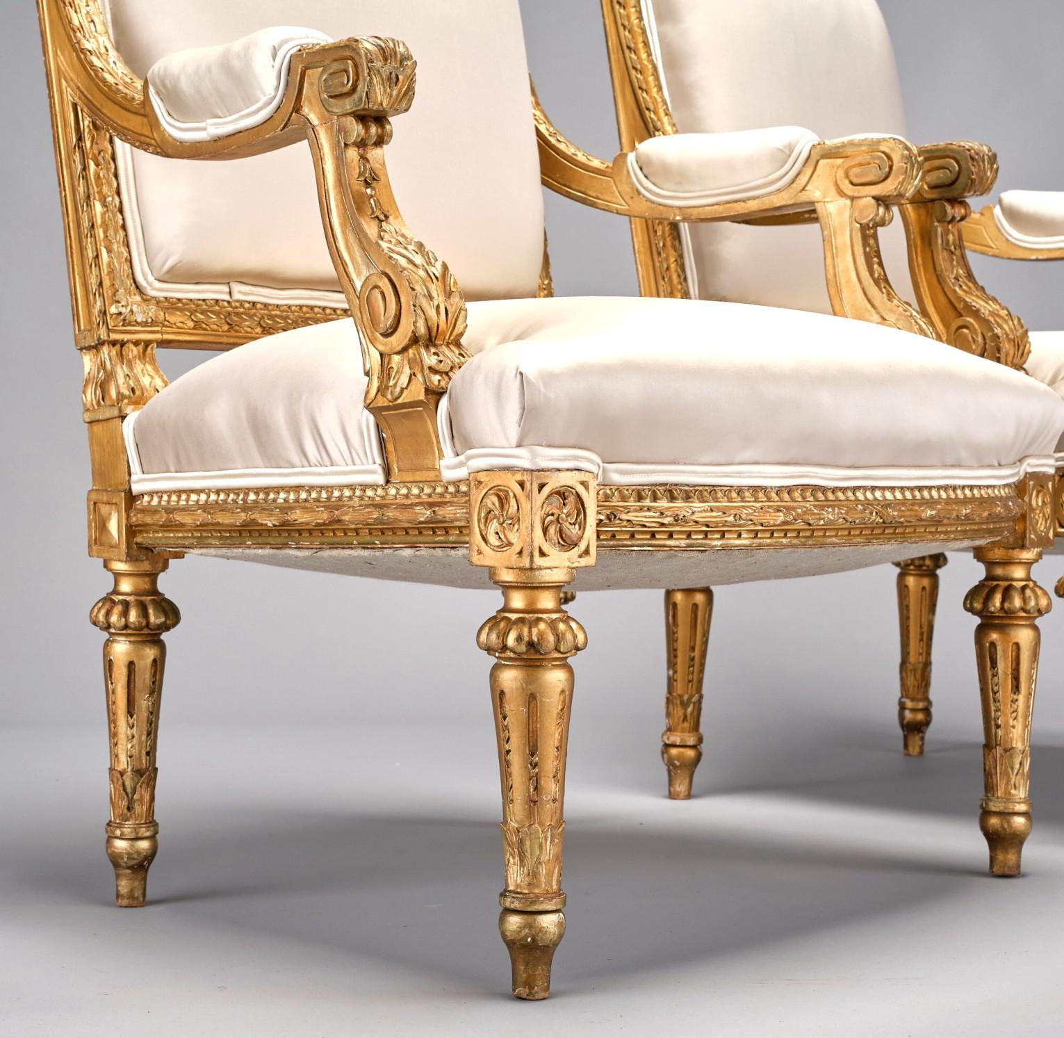 Pair of Louis XVI Style Giltwood Fauteuils / Armchairs, France Circa 1900 For Sale 1