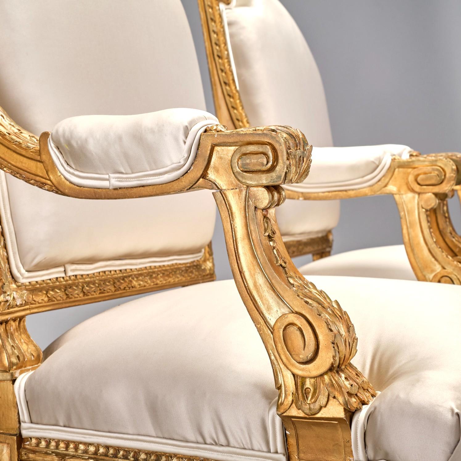 French Pair of Louis XVI Style Giltwood Fauteuils / Armchairs, France Circa 1900 For Sale