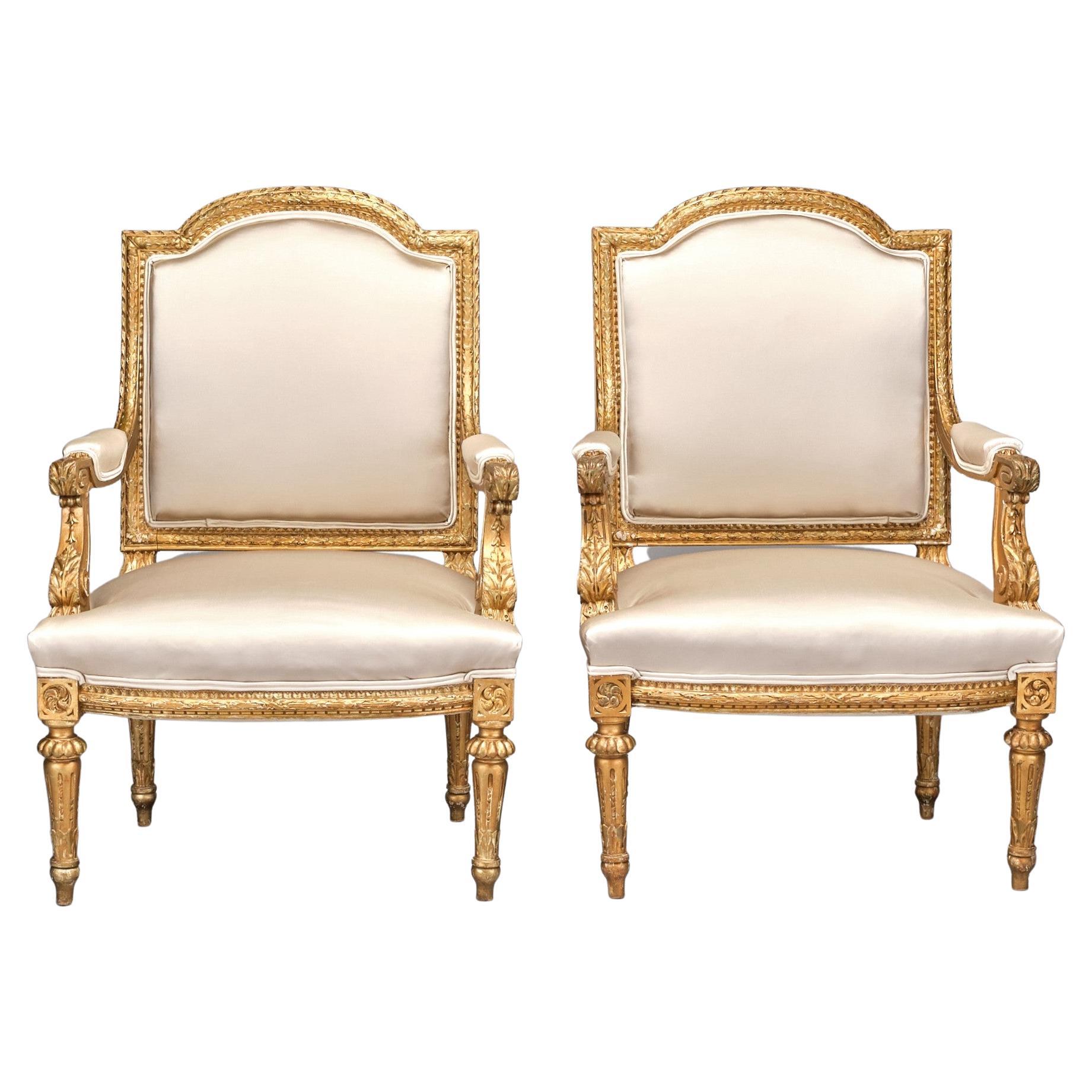 Pair of Louis XVI Style Giltwood Fauteuils / Armchairs, France Circa 1900