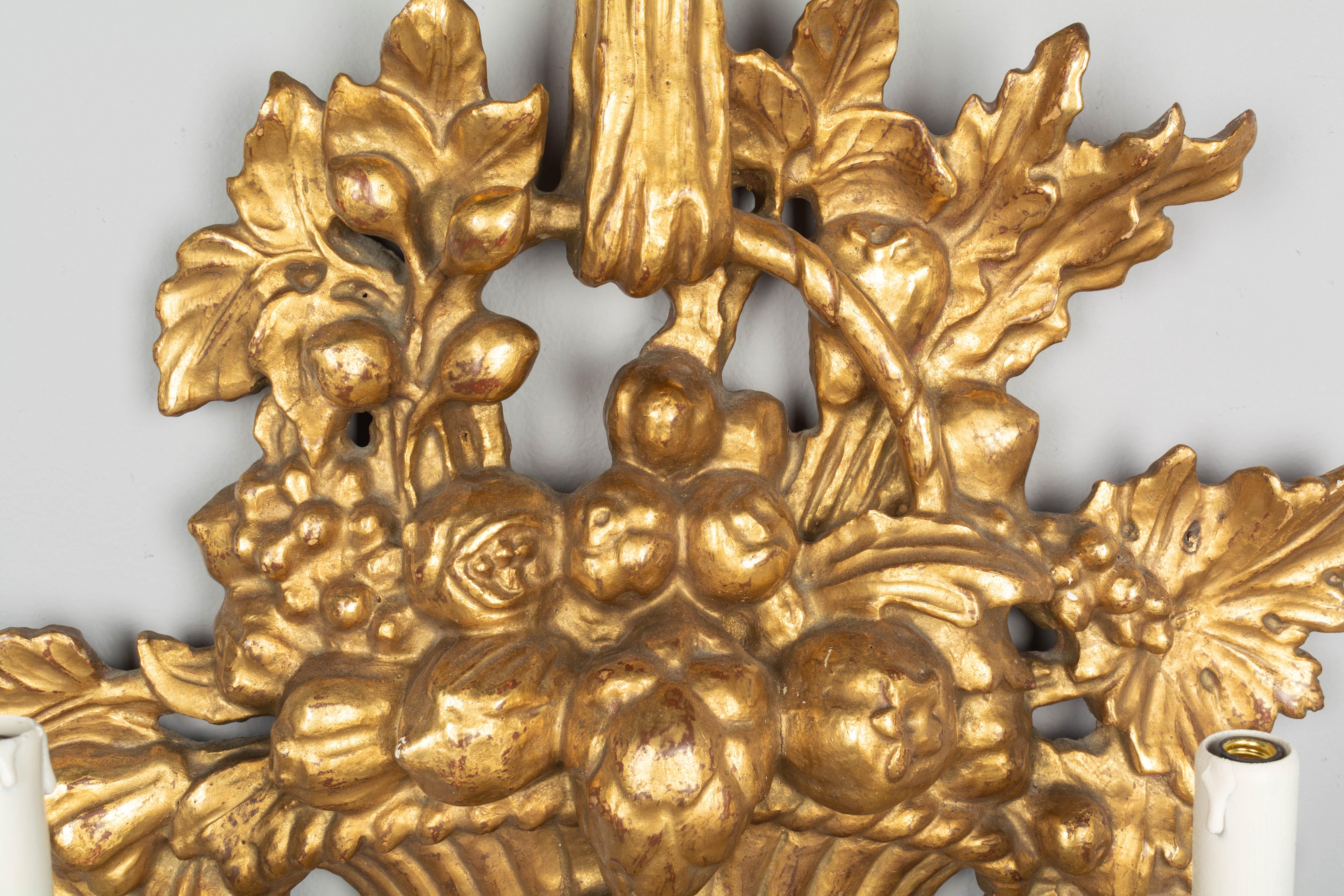 Pair of Louis XVI Style Giltwood Fruit Basket Sconces For Sale 1