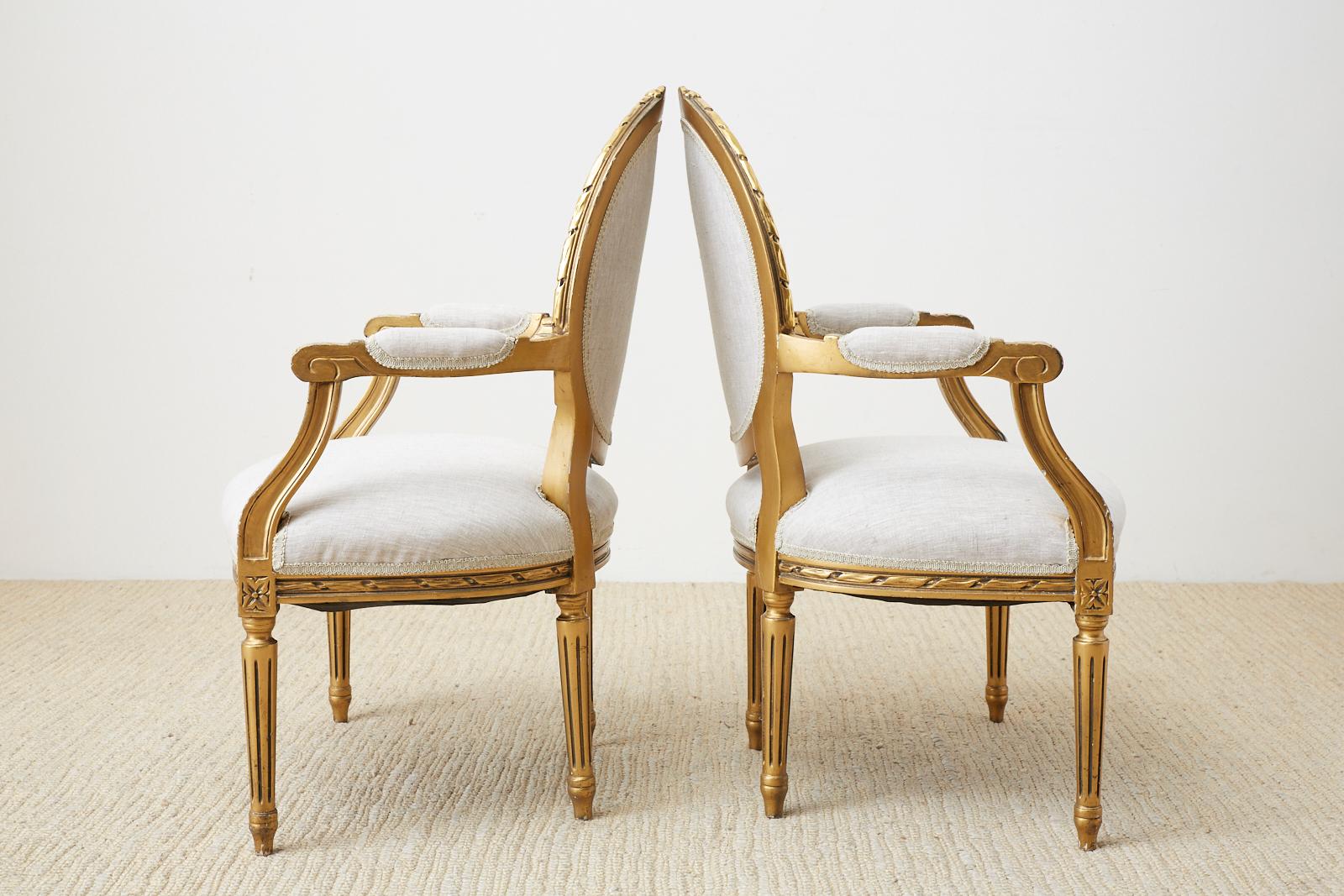 Pair of Louis XVI Style Giltwood Linen Fauteuil Armchairs 4