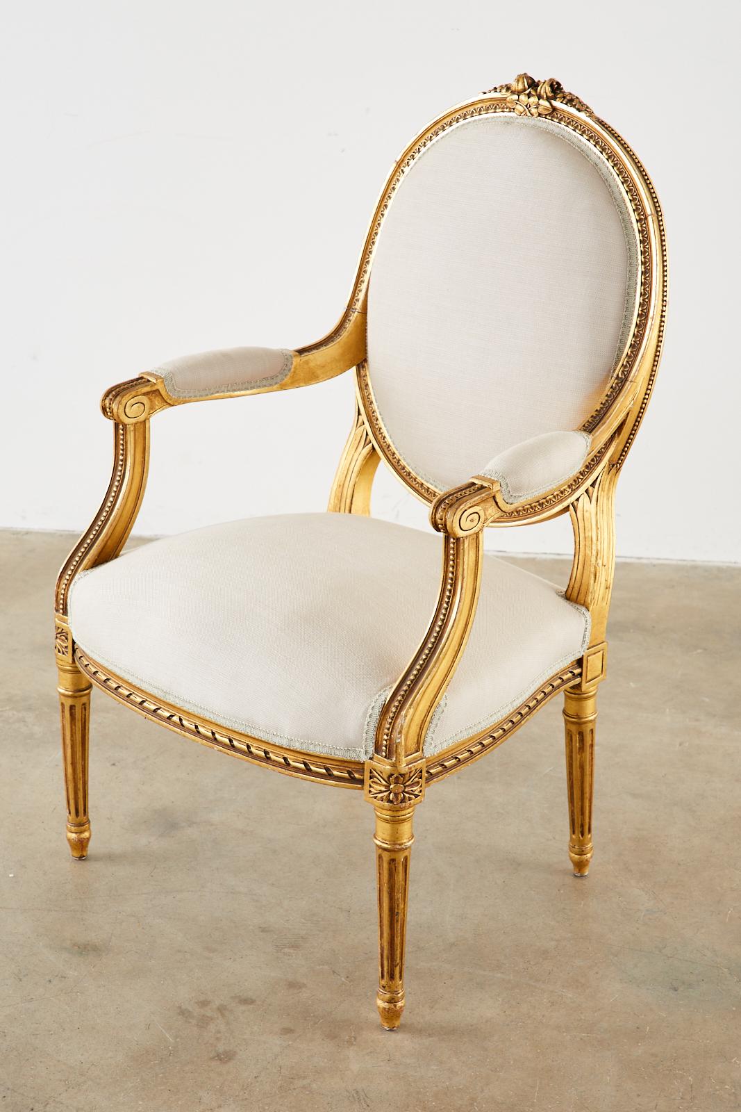 Pair of Louis XVI Style Giltwood Linen Fauteuil Armchairs 4