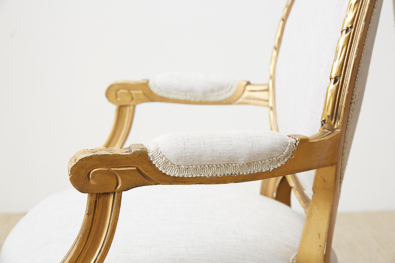 Pair of Louis XVI Style Giltwood Linen Fauteuil Armchairs 5