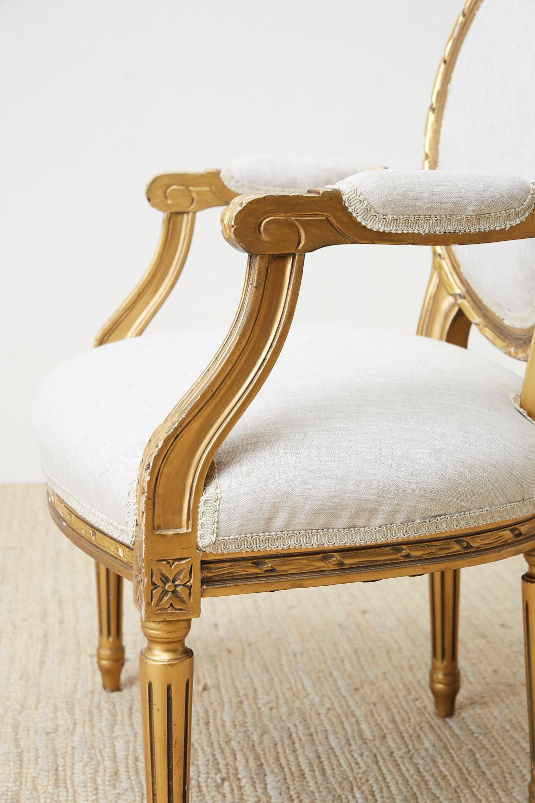 Pair of Louis XVI Style Giltwood Linen Fauteuil Armchairs 6