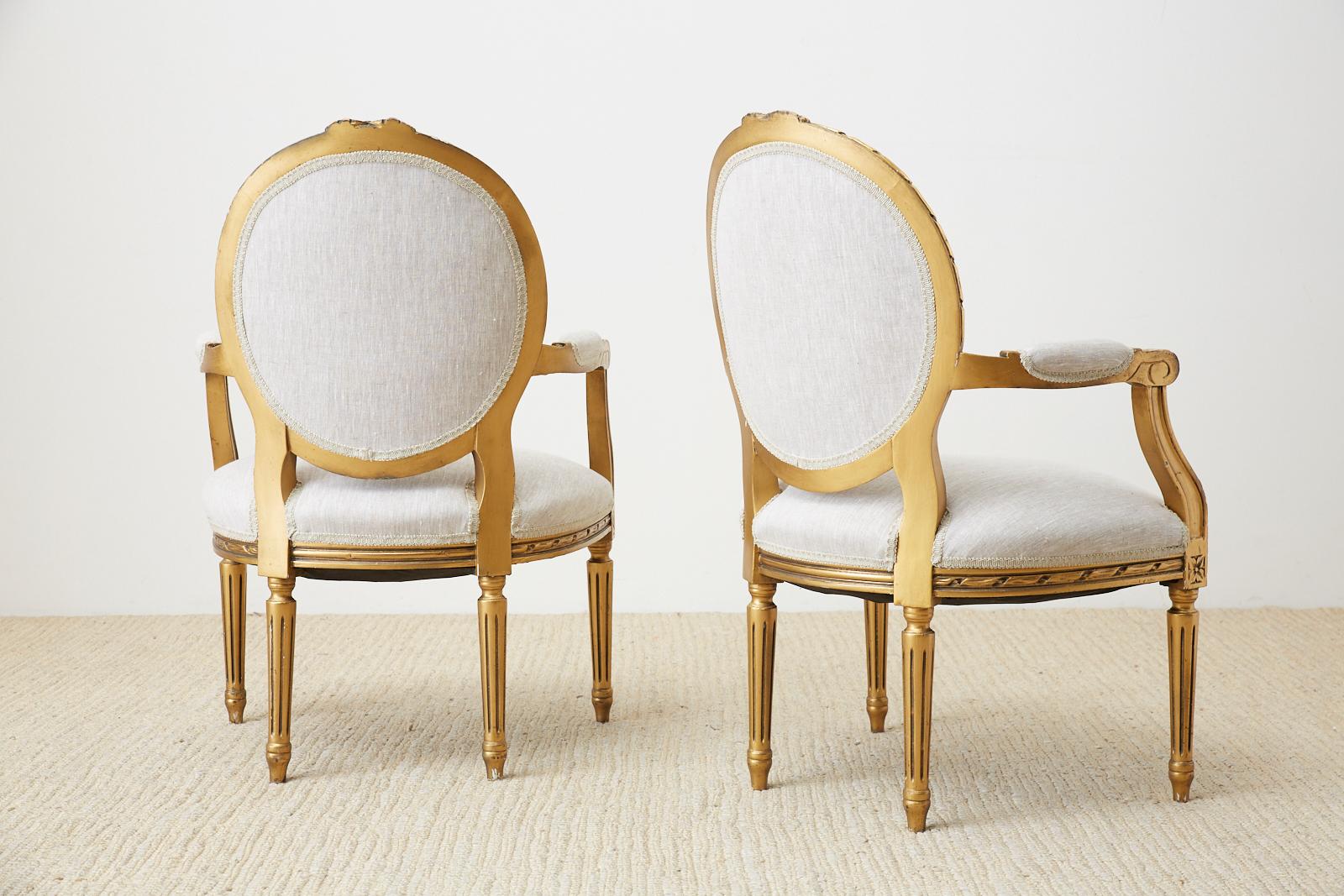 Pair of Louis XVI Style Giltwood Linen Fauteuil Armchairs 8