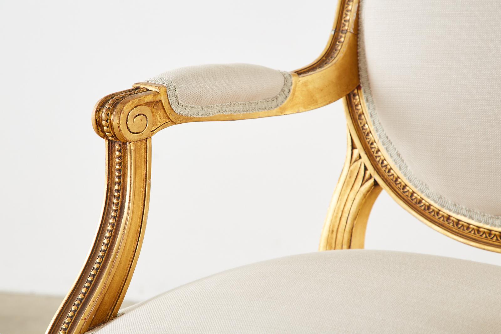 Pair of Louis XVI Style Giltwood Linen Fauteuil Armchairs 8
