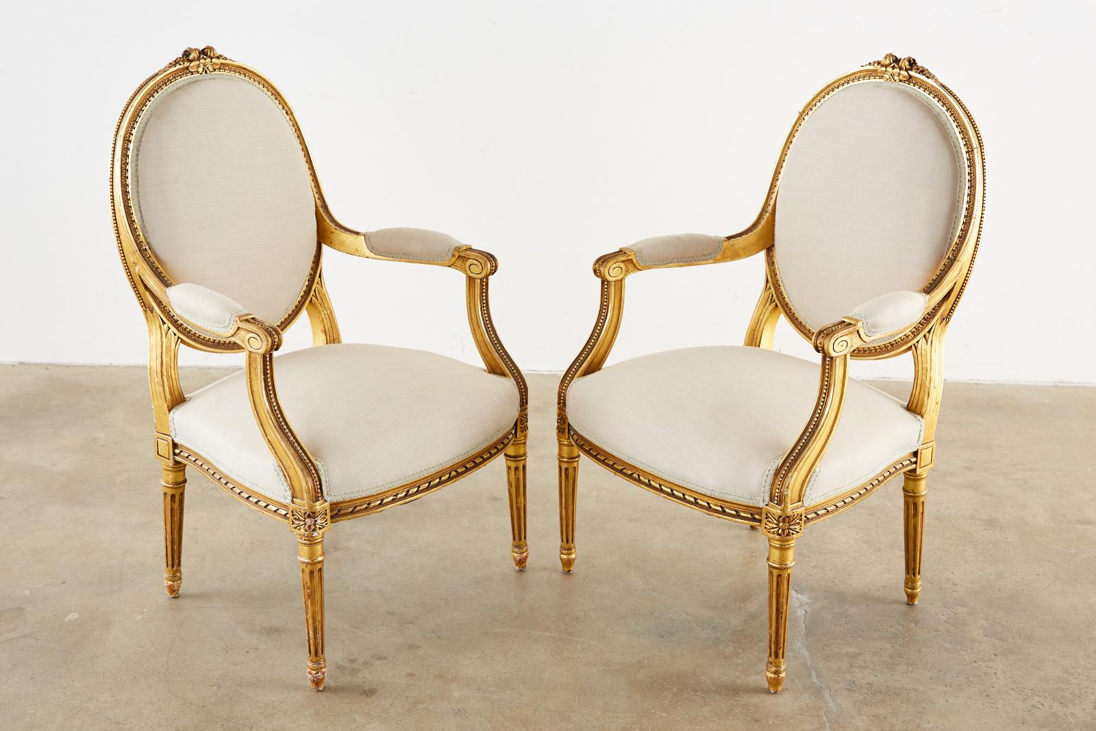 Pair of Louis XVI Style Giltwood Linen Fauteuil Armchairs 9