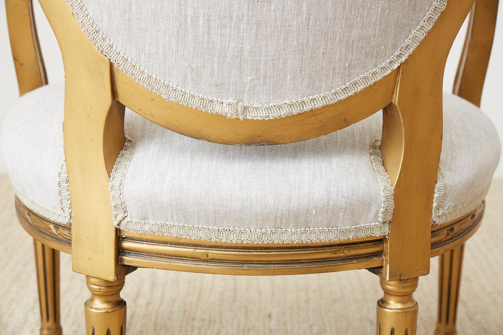 Pair of Louis XVI Style Giltwood Linen Fauteuil Armchairs 10