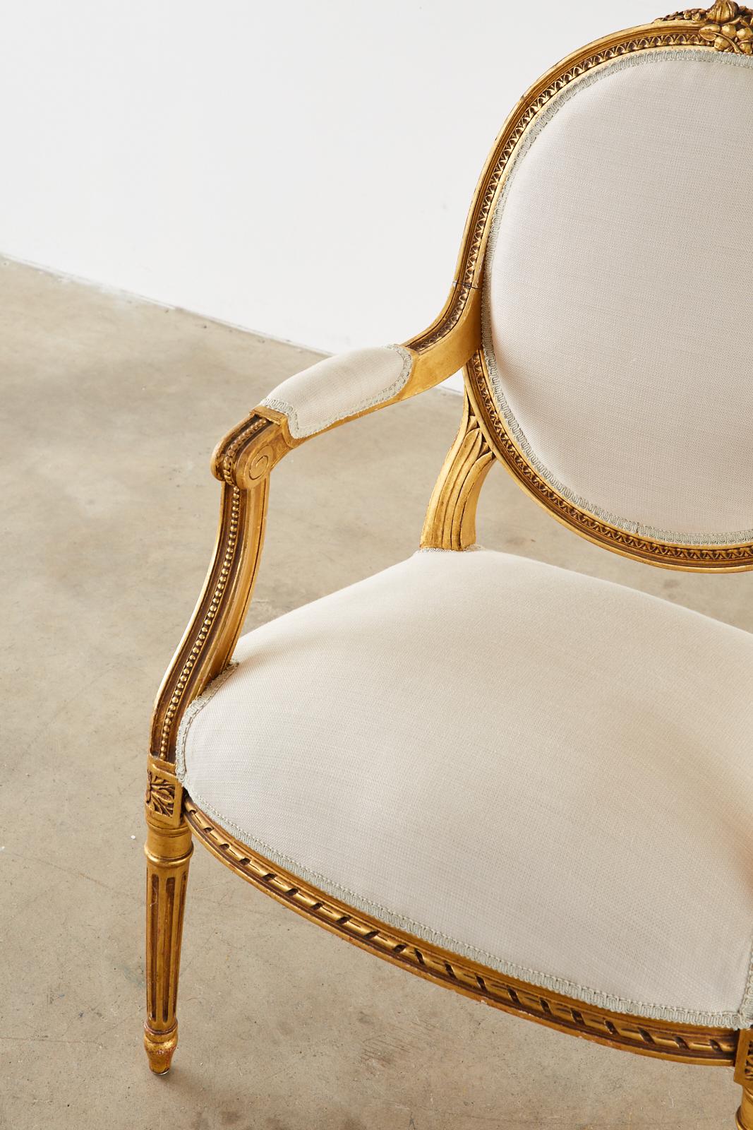 Pair of Louis XVI Style Giltwood Linen Fauteuil Armchairs 13