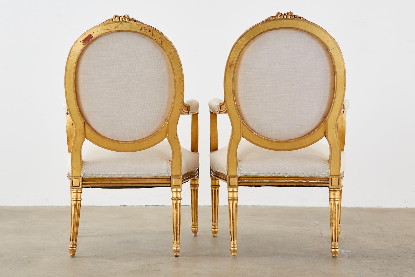 Pair of Louis XVI Style Giltwood Linen Fauteuil Armchairs 14