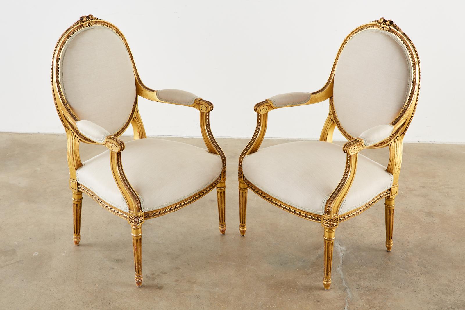 French Pair of Louis XVI Style Giltwood Linen Fauteuil Armchairs
