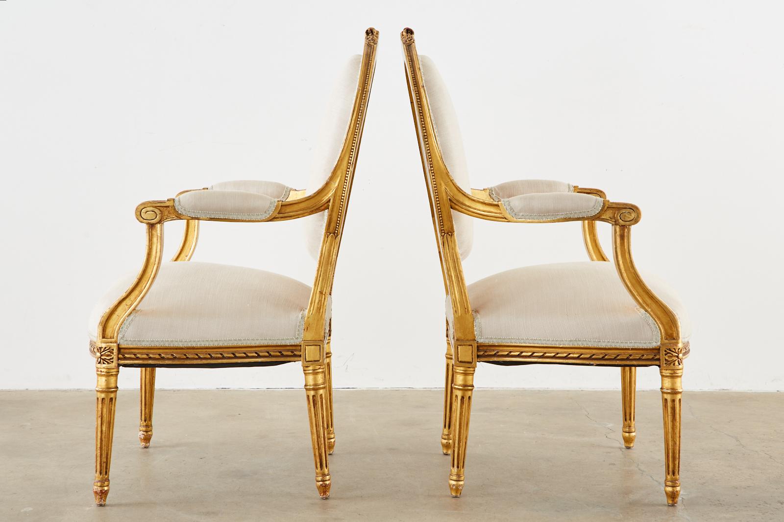 Pair of Louis XVI Style Giltwood Linen Fauteuil Armchairs 1