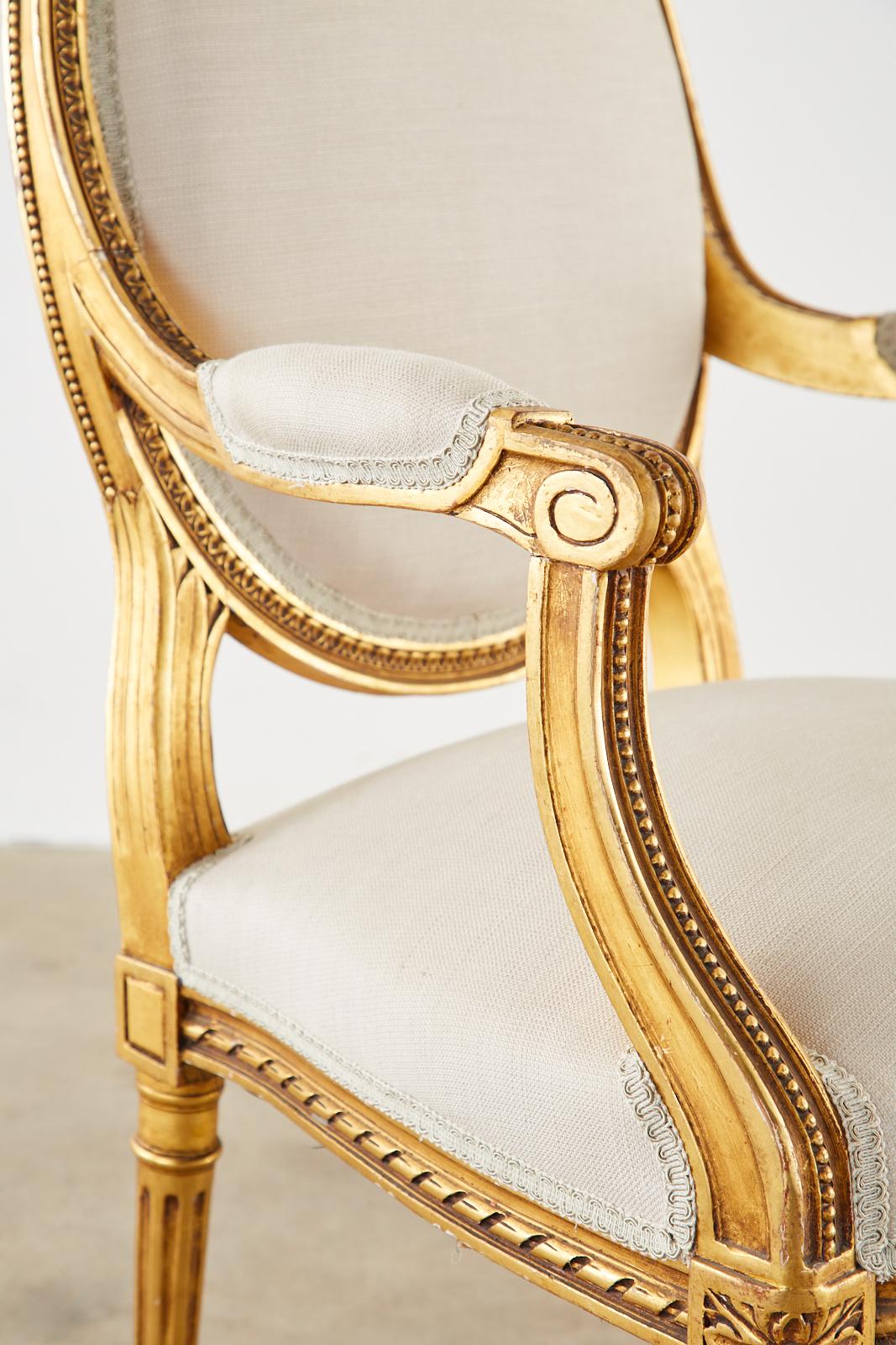 Pair of Louis XVI Style Giltwood Linen Fauteuil Armchairs 2