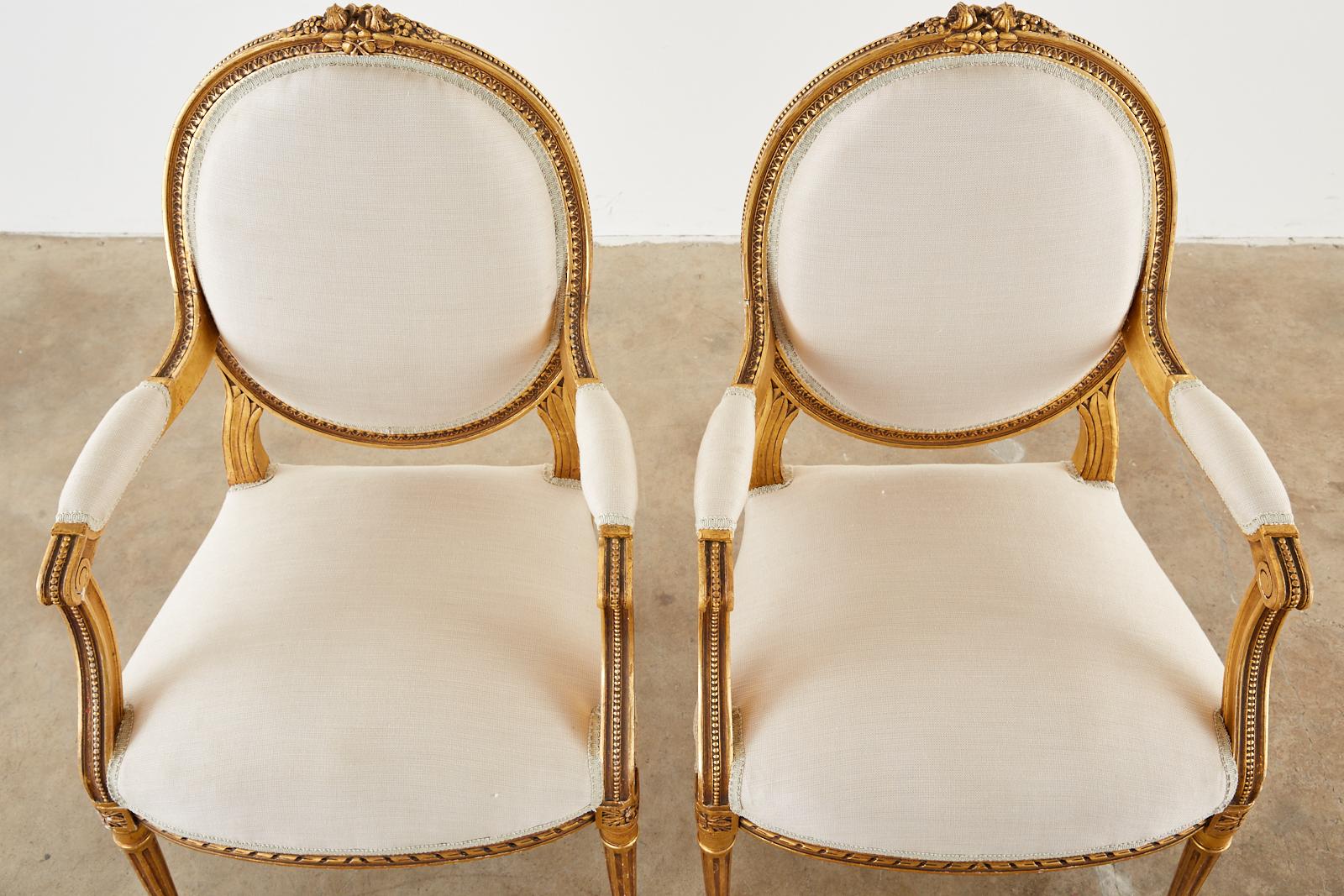 Pair of Louis XVI Style Giltwood Linen Fauteuil Armchairs 3