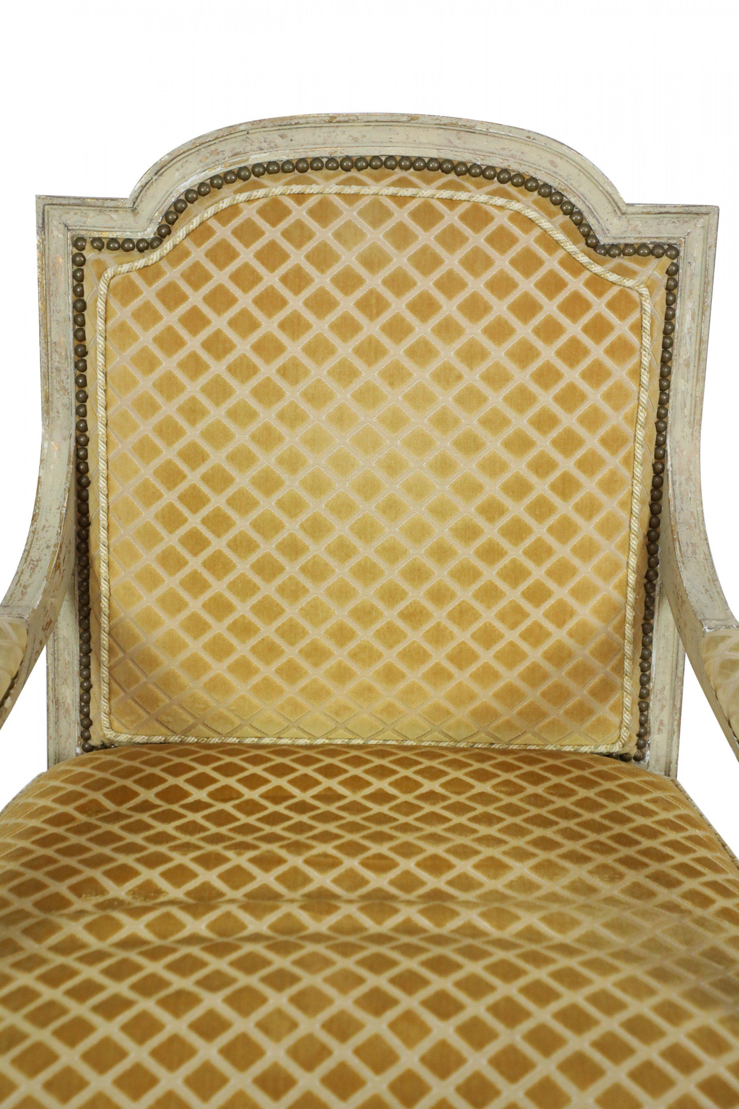 Pair of Louis XVI-Style Gold Upholstered Fauteuils / Armchairs For Sale 4