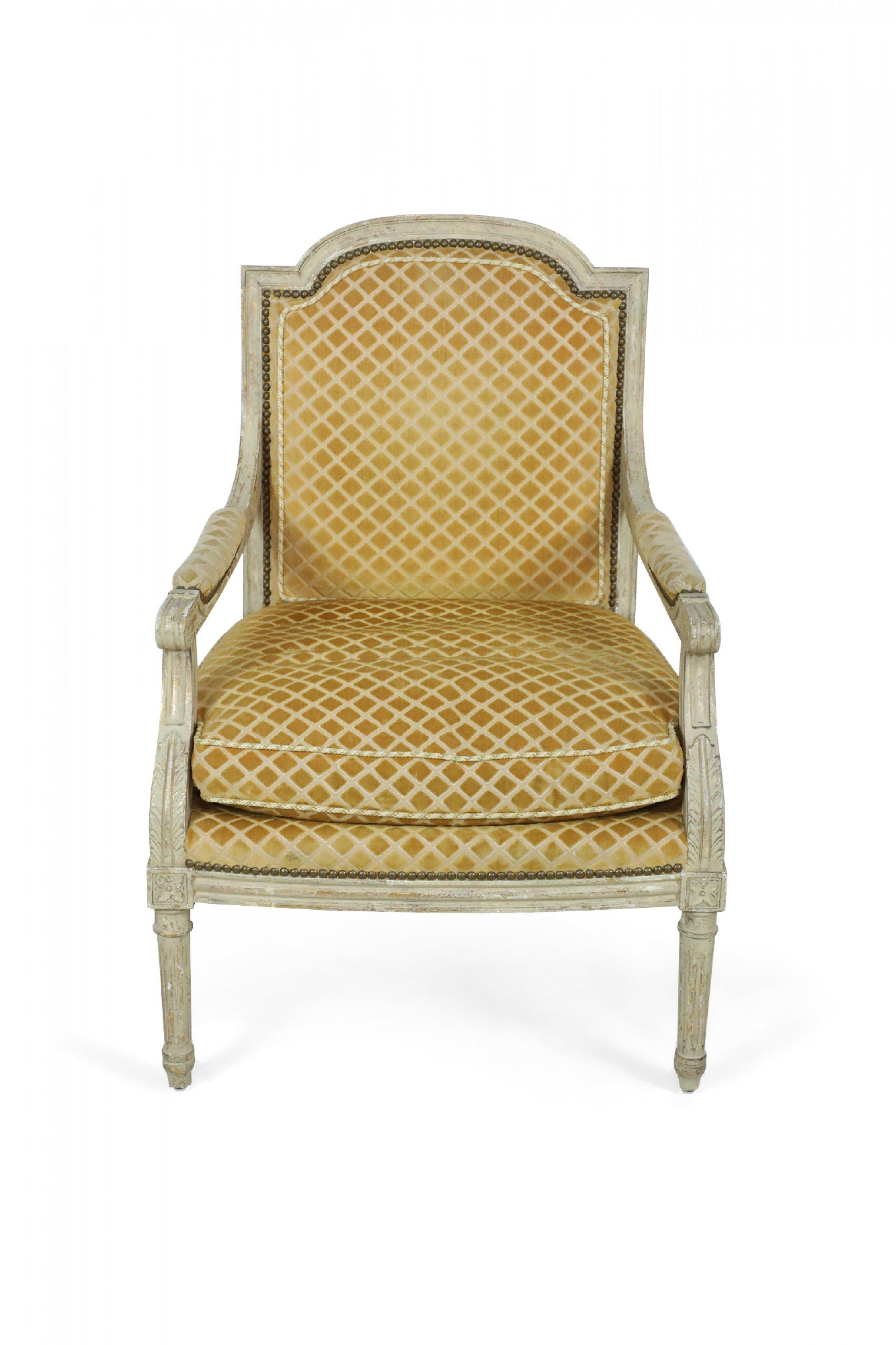 Pair of Louis XVI-Style Gold Upholstered Fauteuils / Armchairs For Sale 6