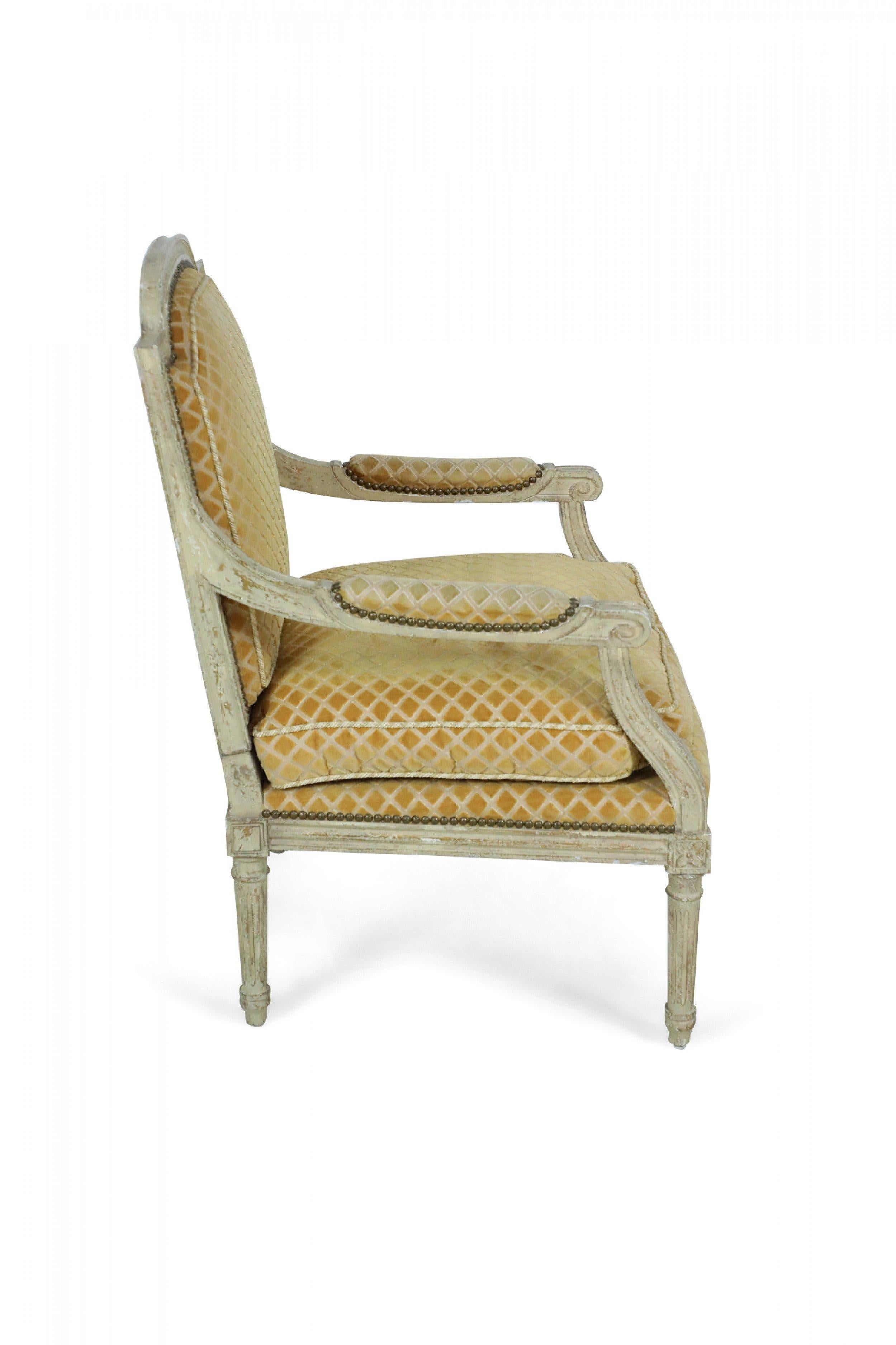 Pair of Louis XVI-Style Gold Upholstered Fauteuils / Armchairs For Sale 7
