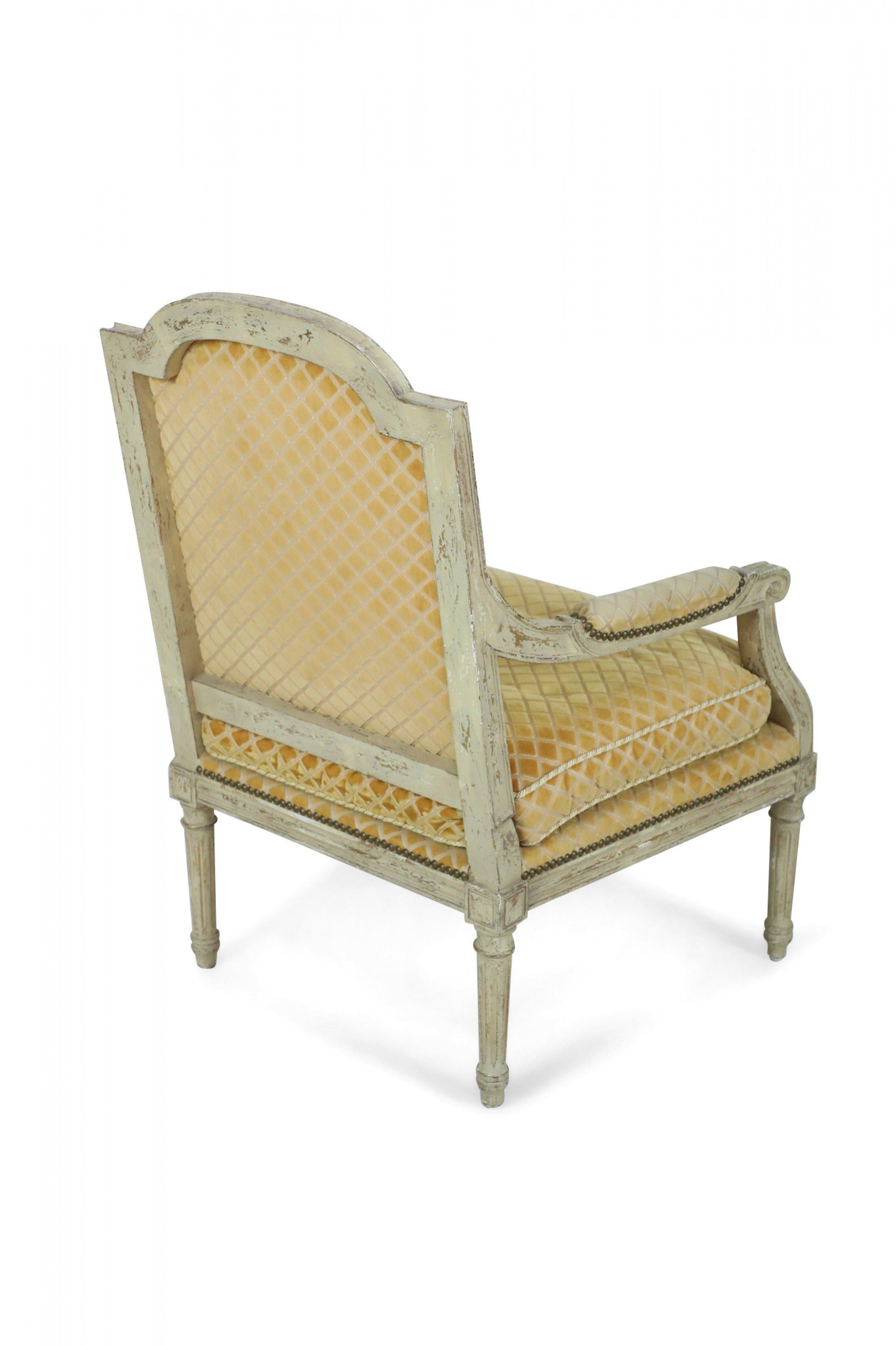Pair of Louis XVI-Style Gold Upholstered Fauteuils / Armchairs For Sale 9