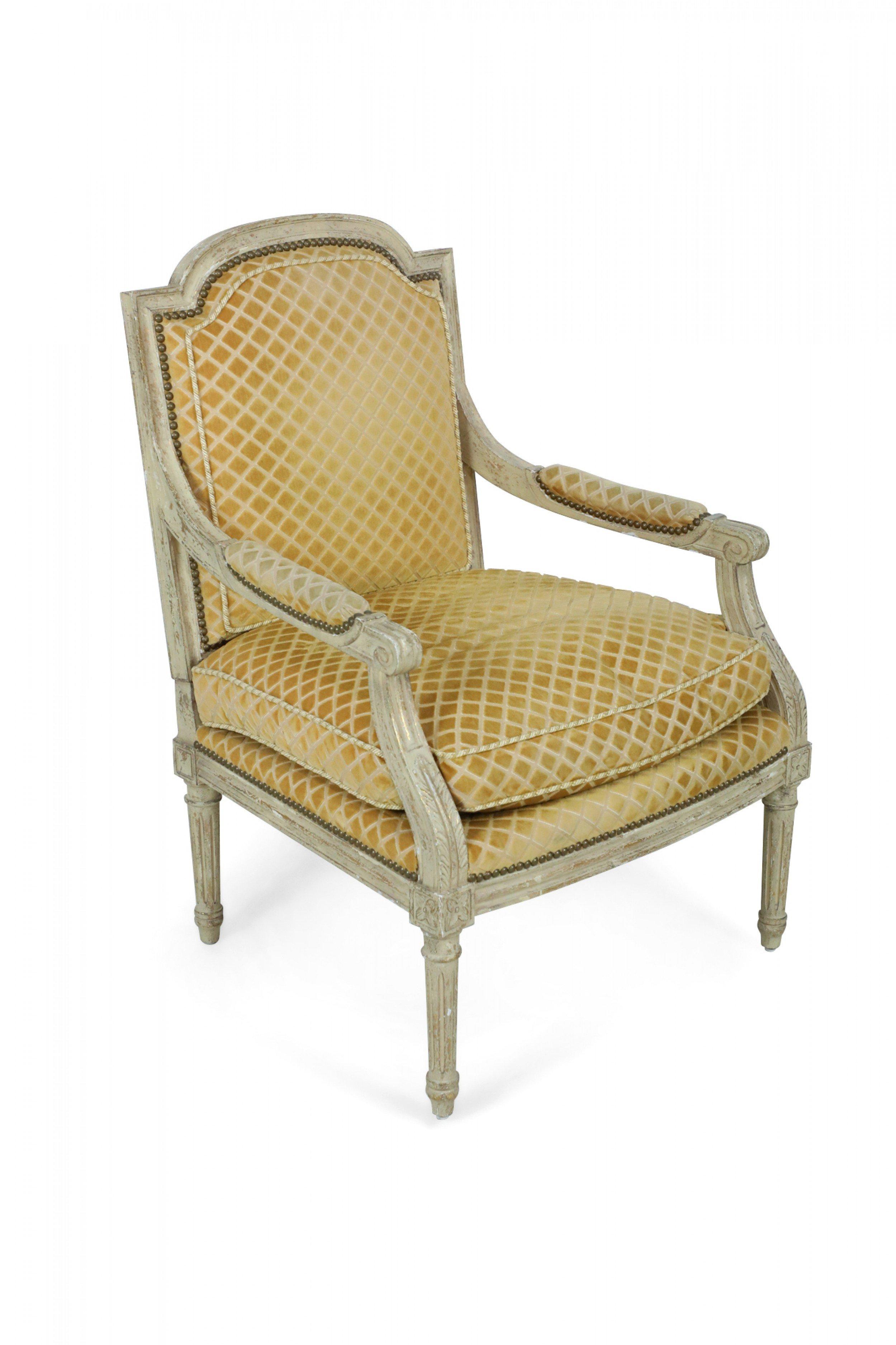 Pair of Louis XVI-Style Gold Upholstered Fauteuils / Armchairs For Sale 11